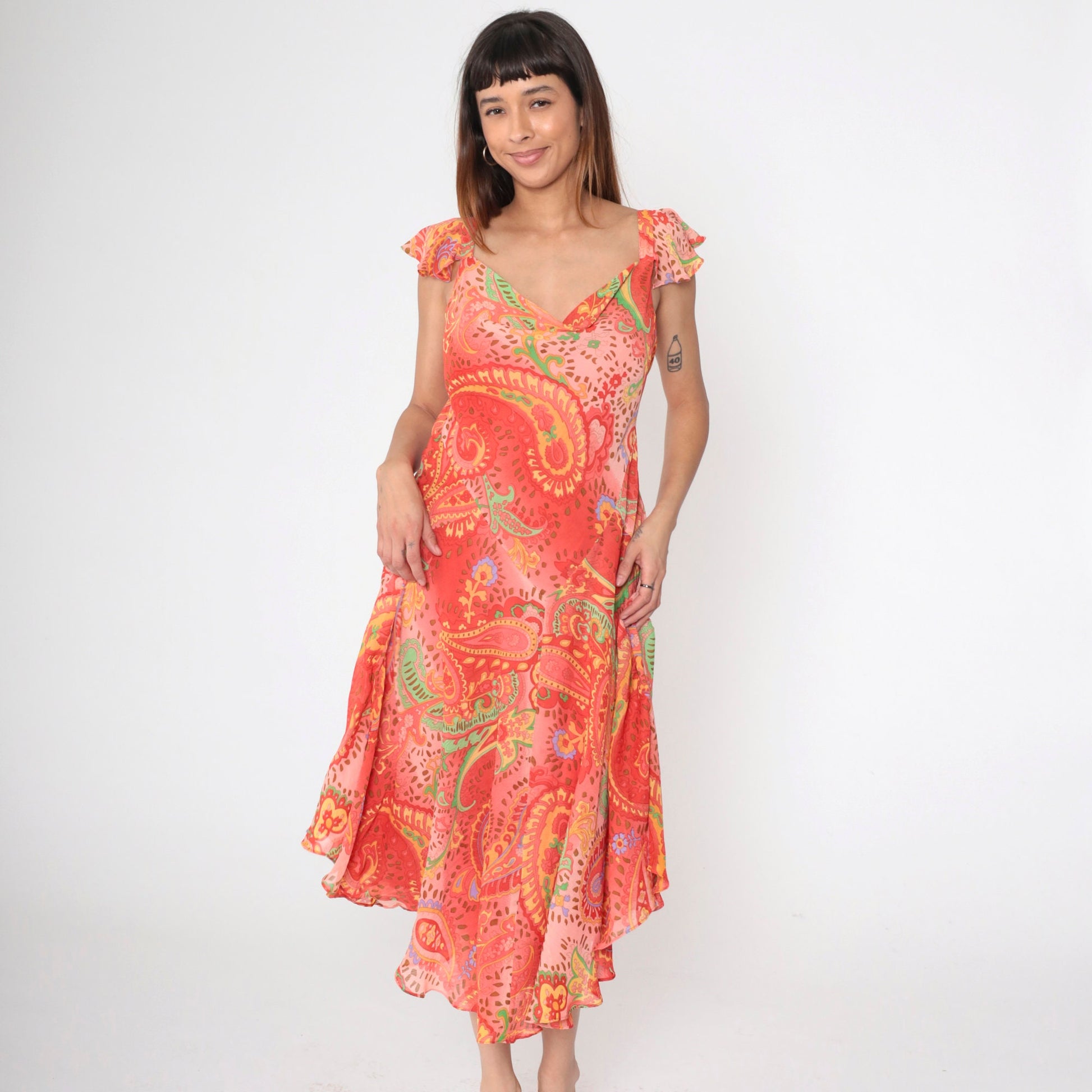 Y2K Paisley Midi Dress Coral Pink Flutter Sleeve Cowl Neck Large 14