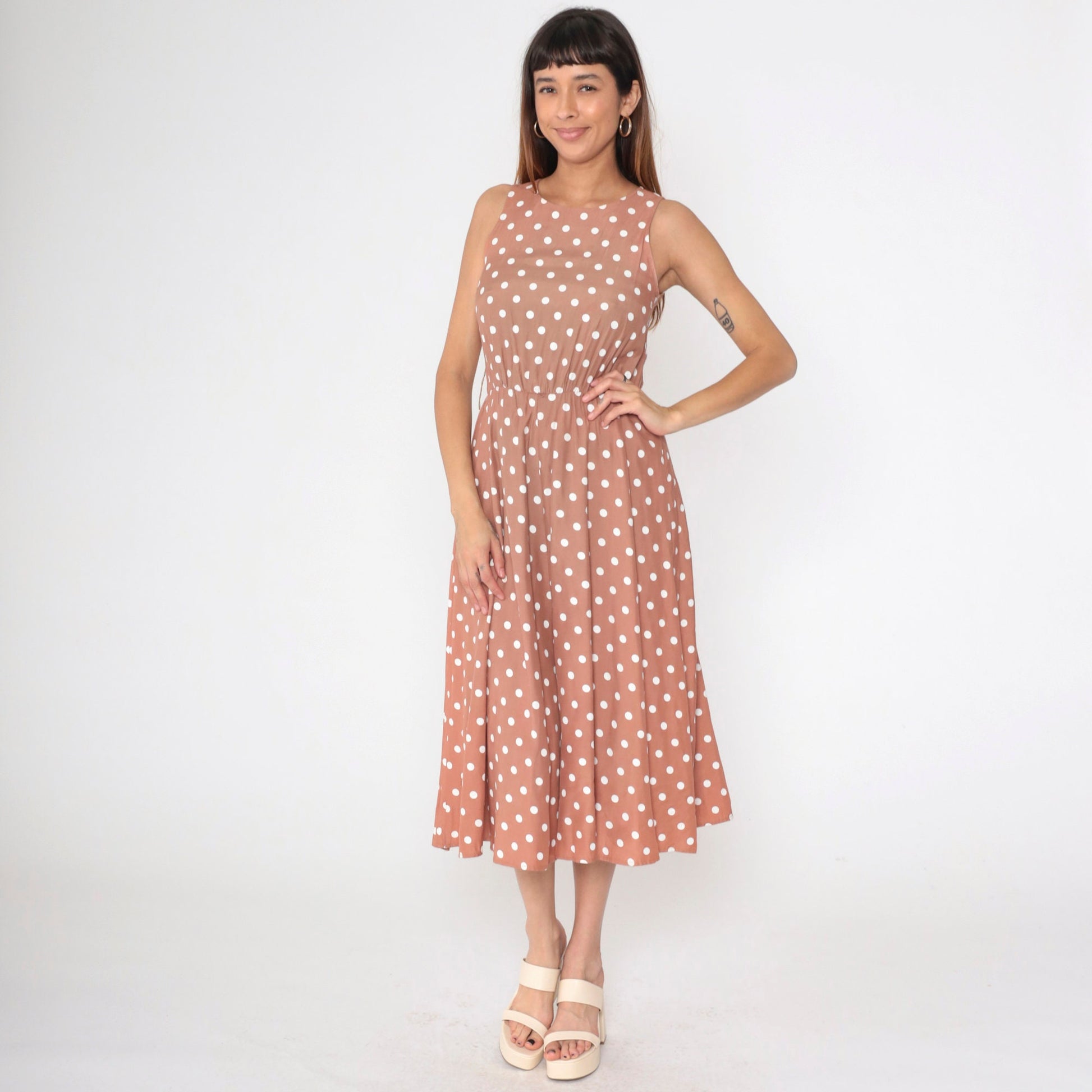 80s My Michelle Mocha Polka Dot Midi Sundress High Waist Sleeveless Extra Small