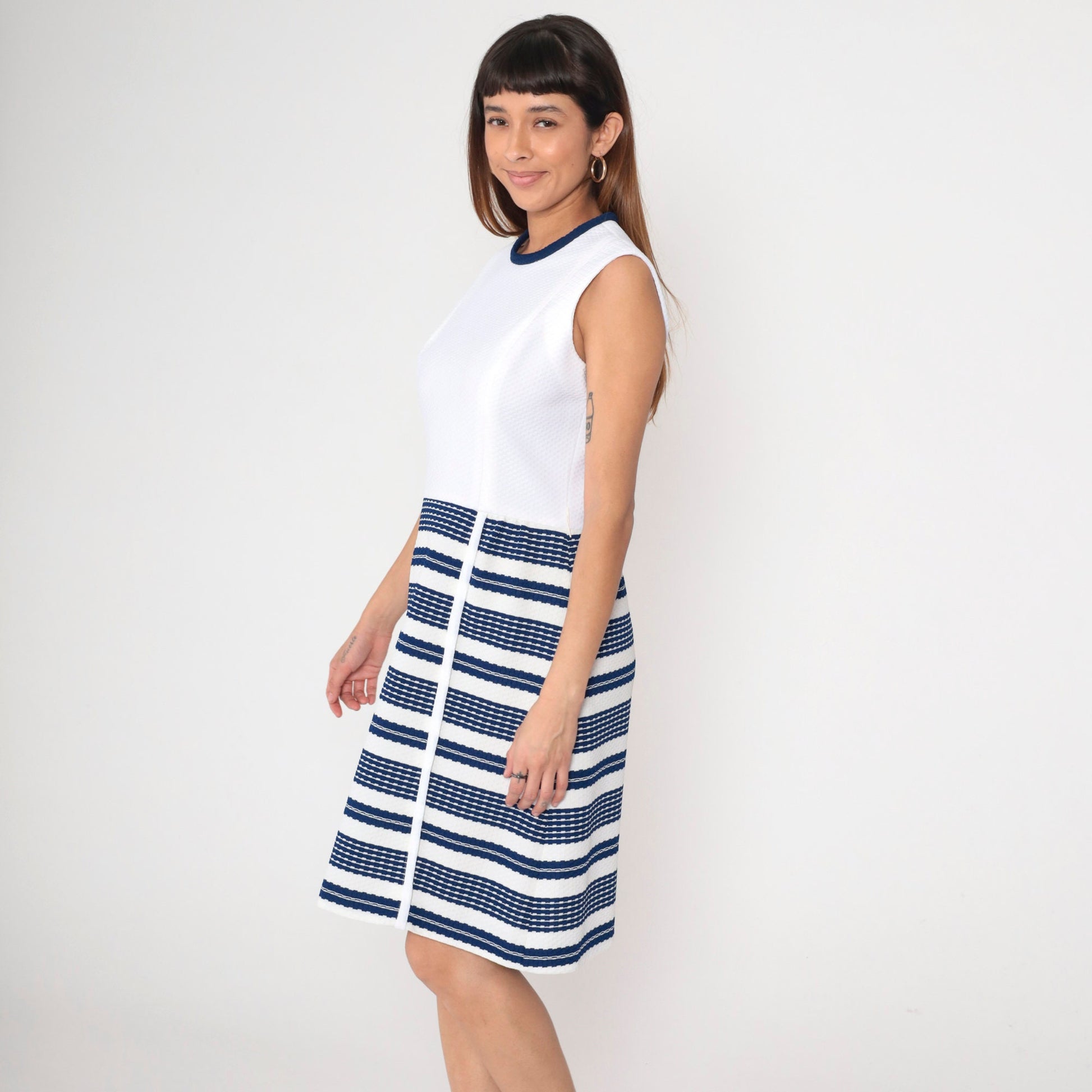 60s Kay Windsor Striped A-Line Dress Navy White Knee-Length Sleeveless Medium