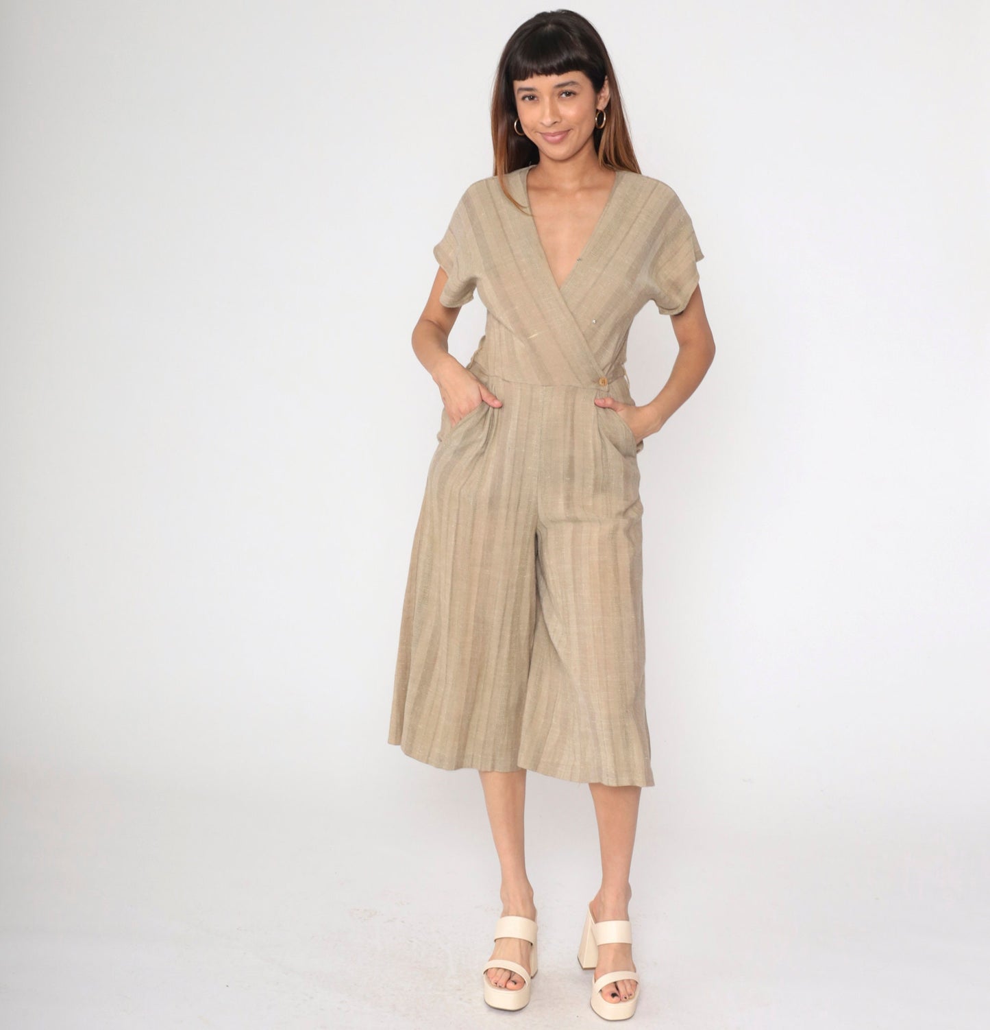 80s Pantasia Taupe Striped Wrap Jumpsuit Wide Leg V-Neck Small