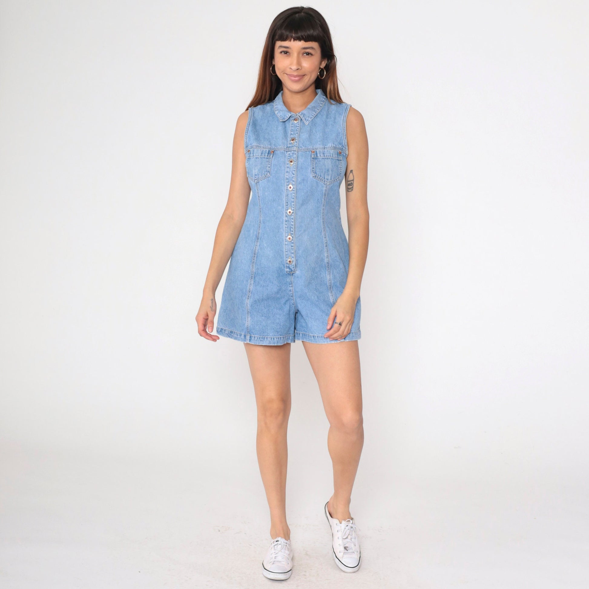 90s Denim Romper Keyhole Back Sleeveless Playsuit Small