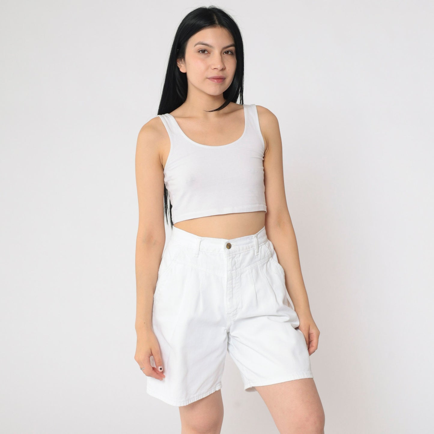 90s White Denim Shorts High Waisted Pleated Jean Shorts Medium