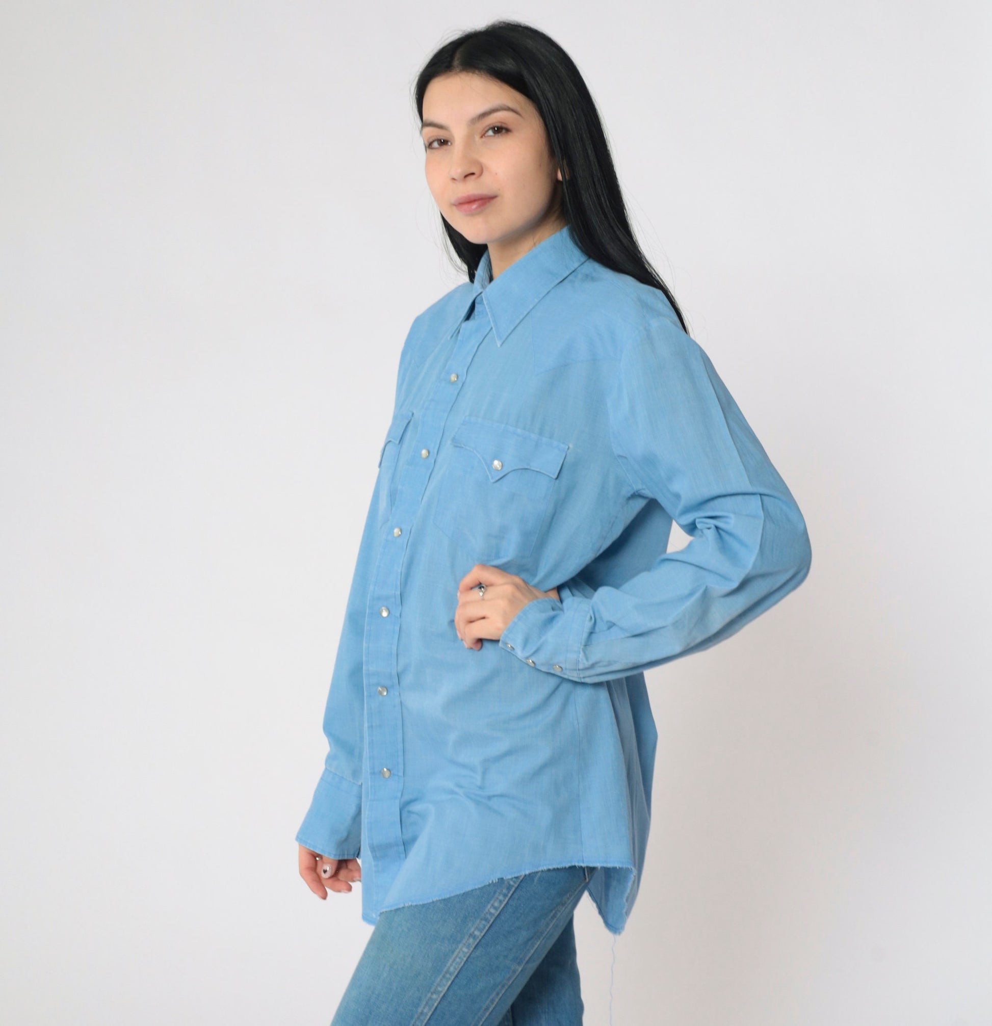 80s Blue Pearl Snap Western Shirt Men's Medium Long Sleeve Button Up