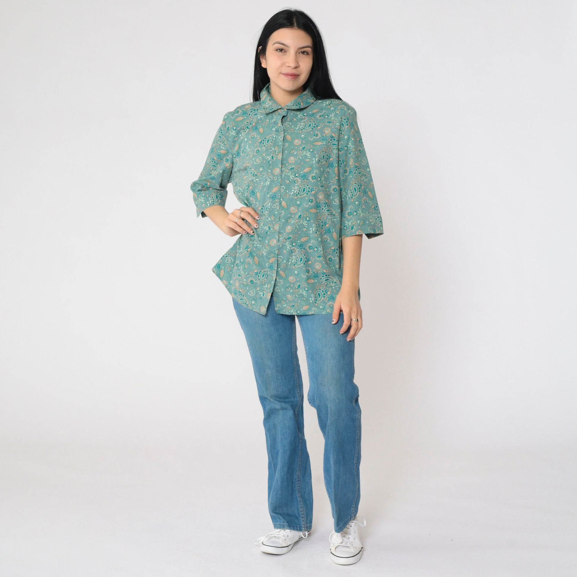 Y2K Green Orange Paisley Button-Up Blouse 3/4 Sleeve Collared Top Medium