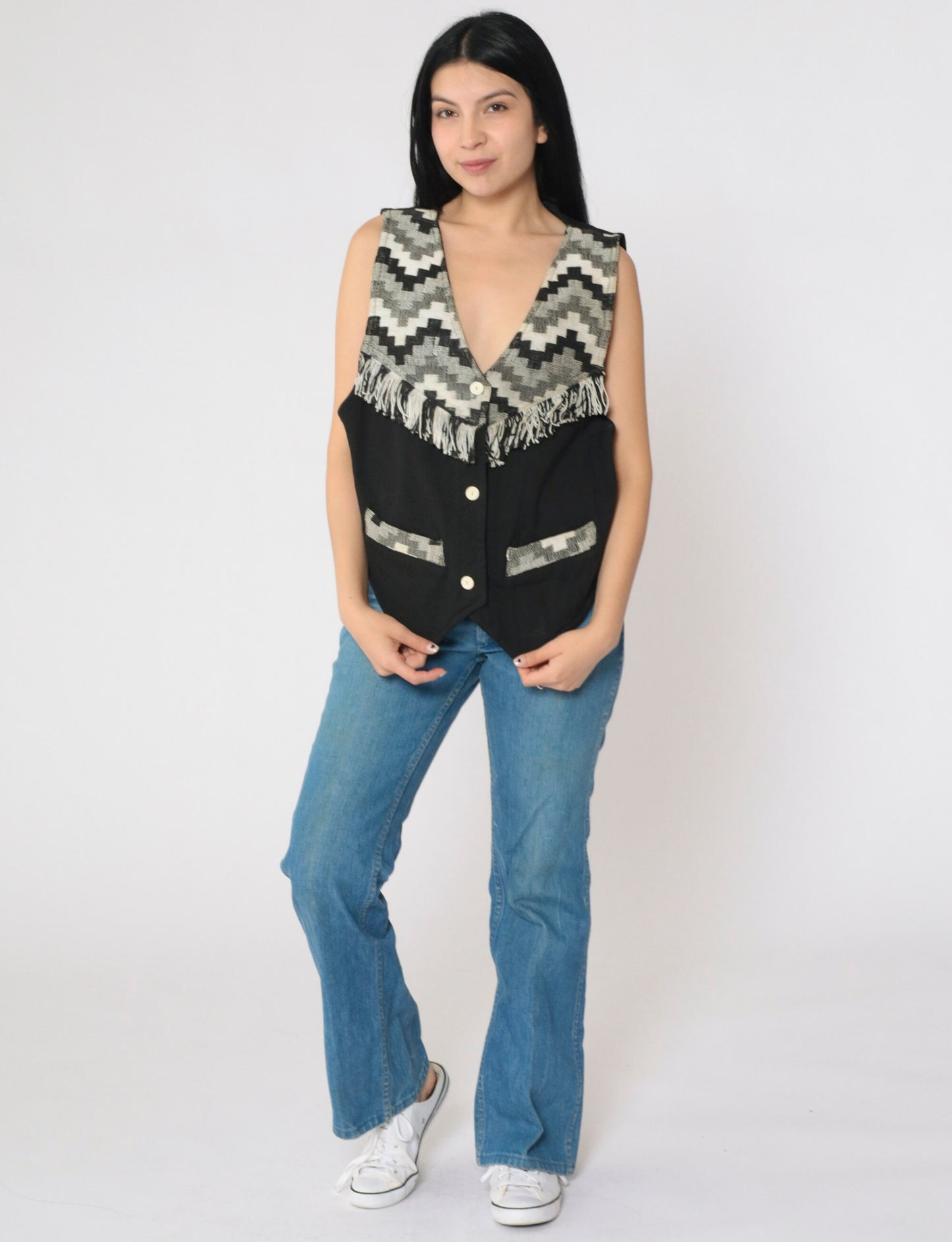 90s Southwestern Tapestry Vest Fringe Trim Black White Geometric Button Up Medium