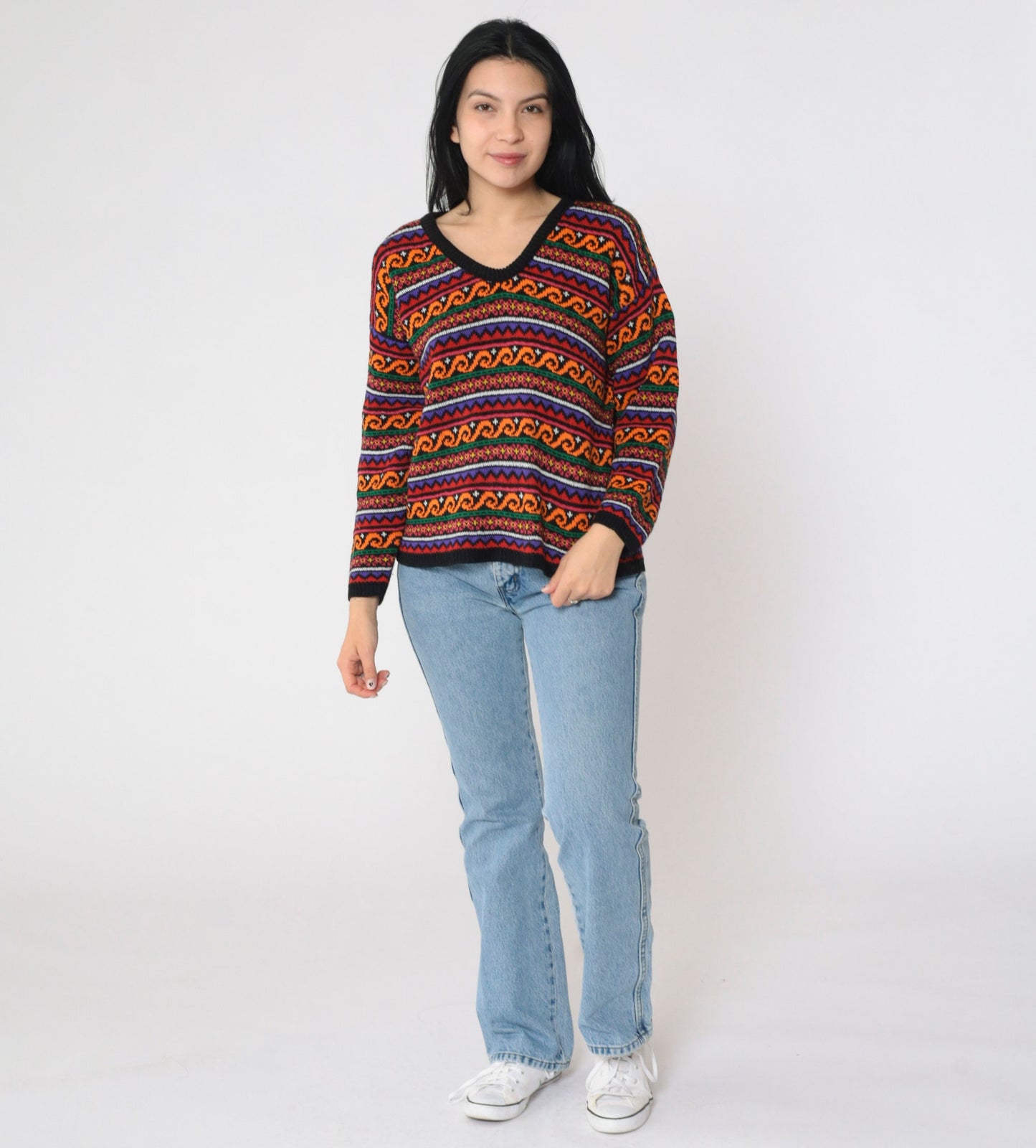 90s Geometric Floral Knit Sweater Black Orange V-Neck Pullover Medium M