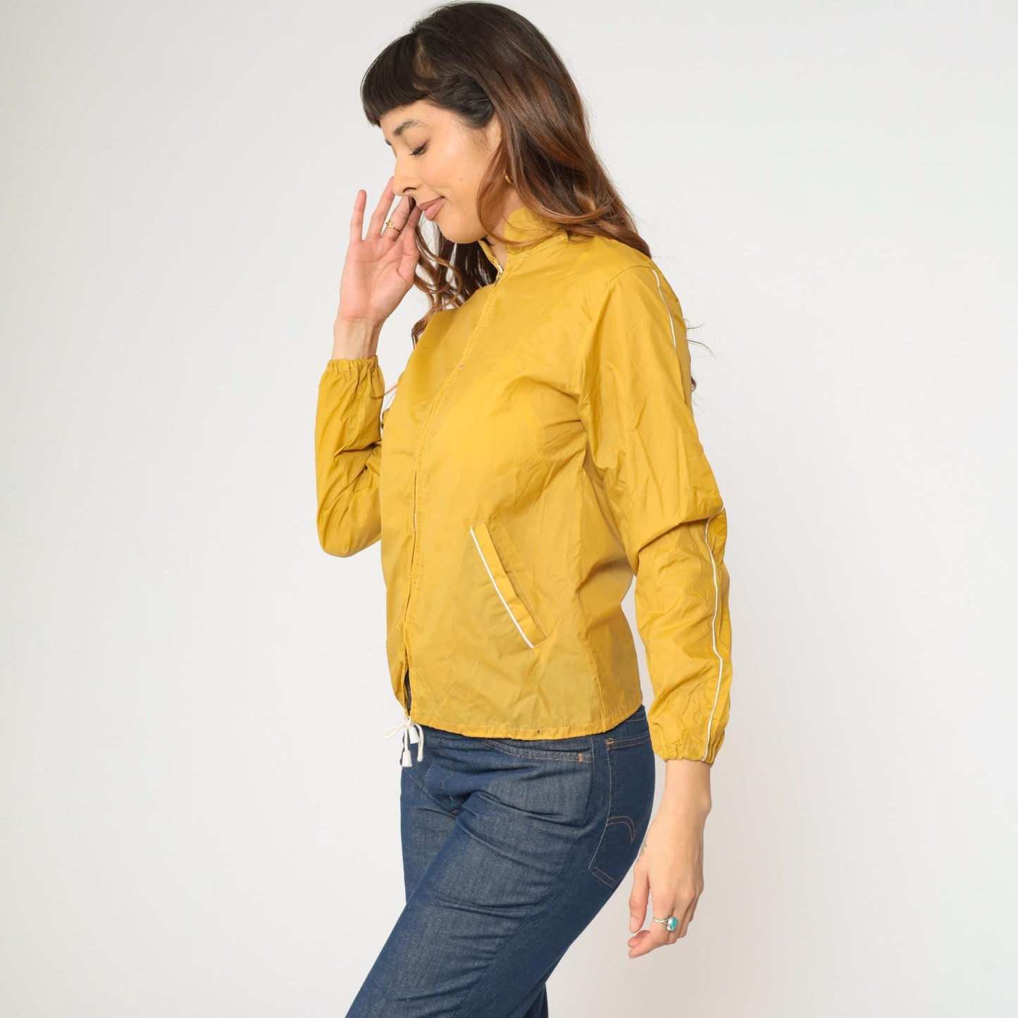 70s Mustard Yellow Windbreaker Jacket Zip Up White Trim Extra Small