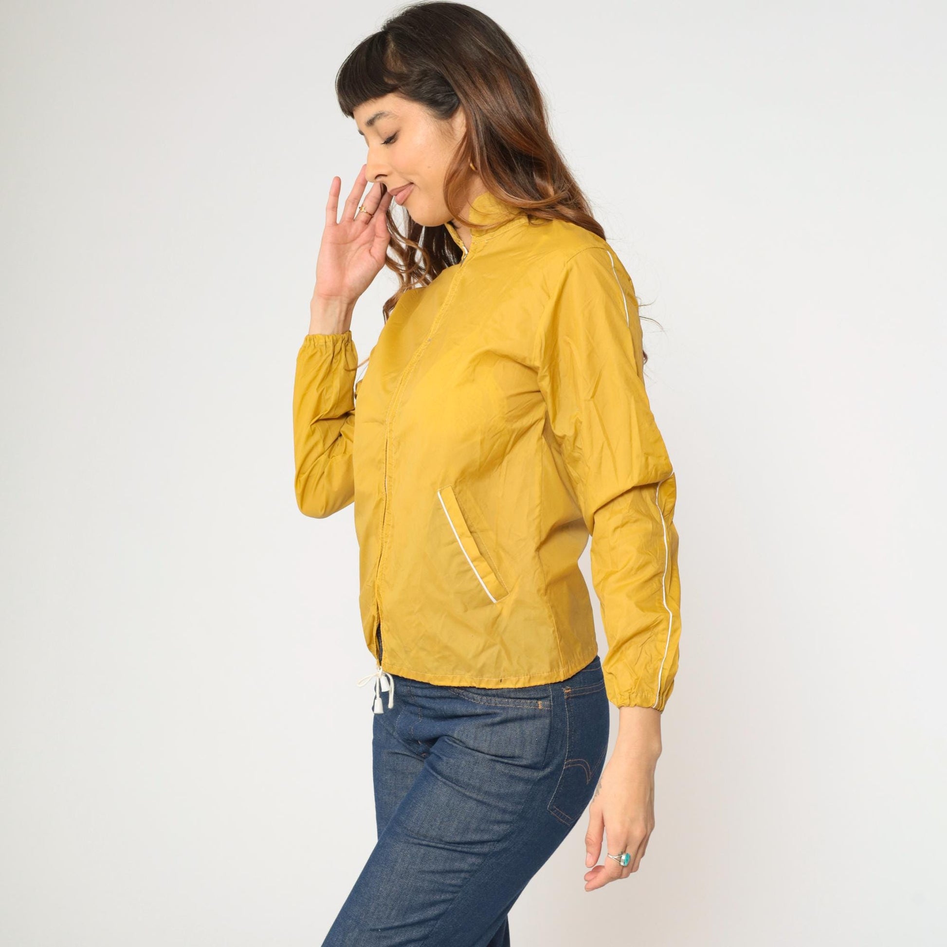 70s Mustard Yellow Windbreaker Jacket Zip Up White Trim Extra Small