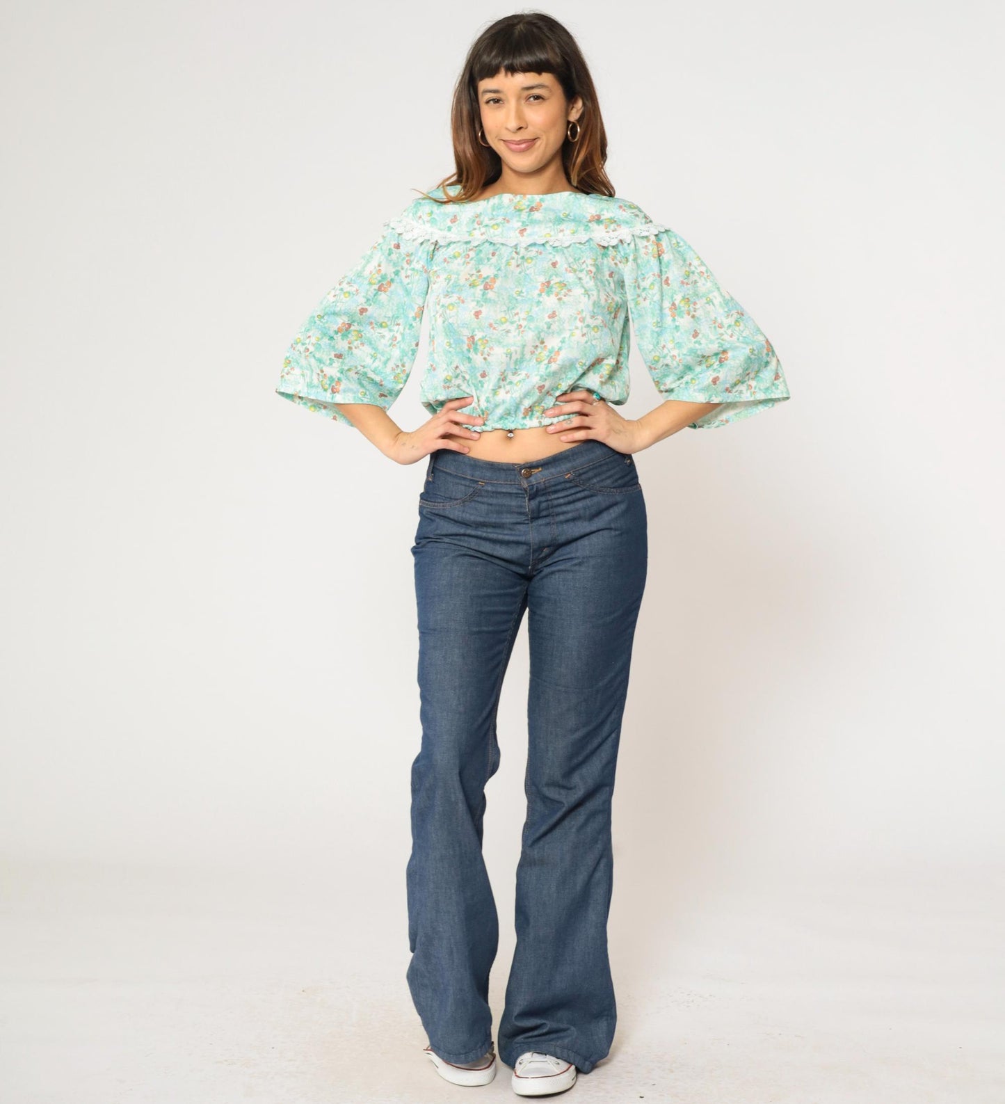 70s Peasant Blouse Fruit Print Crop Top Blue Green 3/4 Sleeve Extra Small