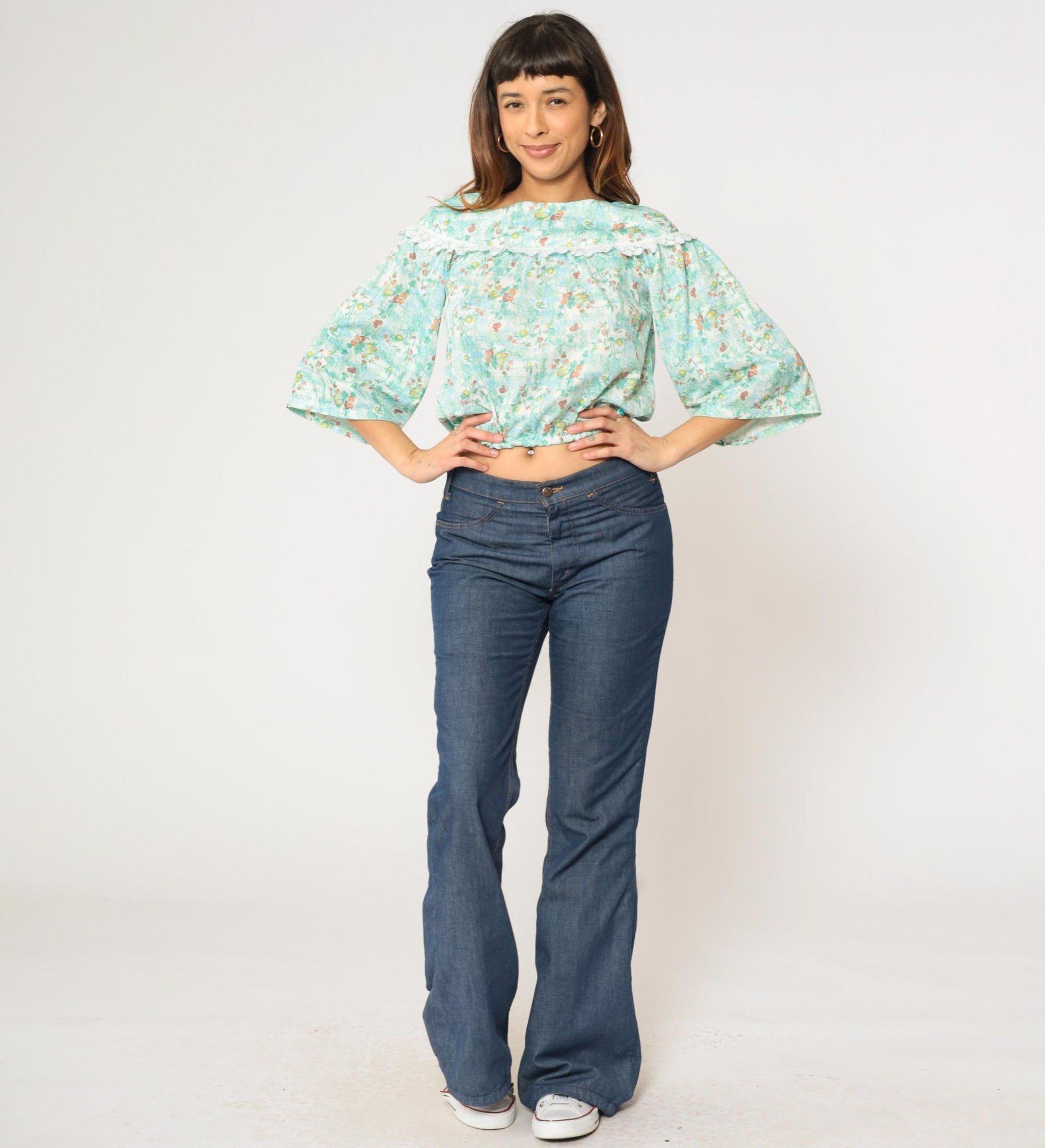 70s Peasant Blouse Fruit Print Crop Top Blue Green 3/4 Sleeve Extra Small