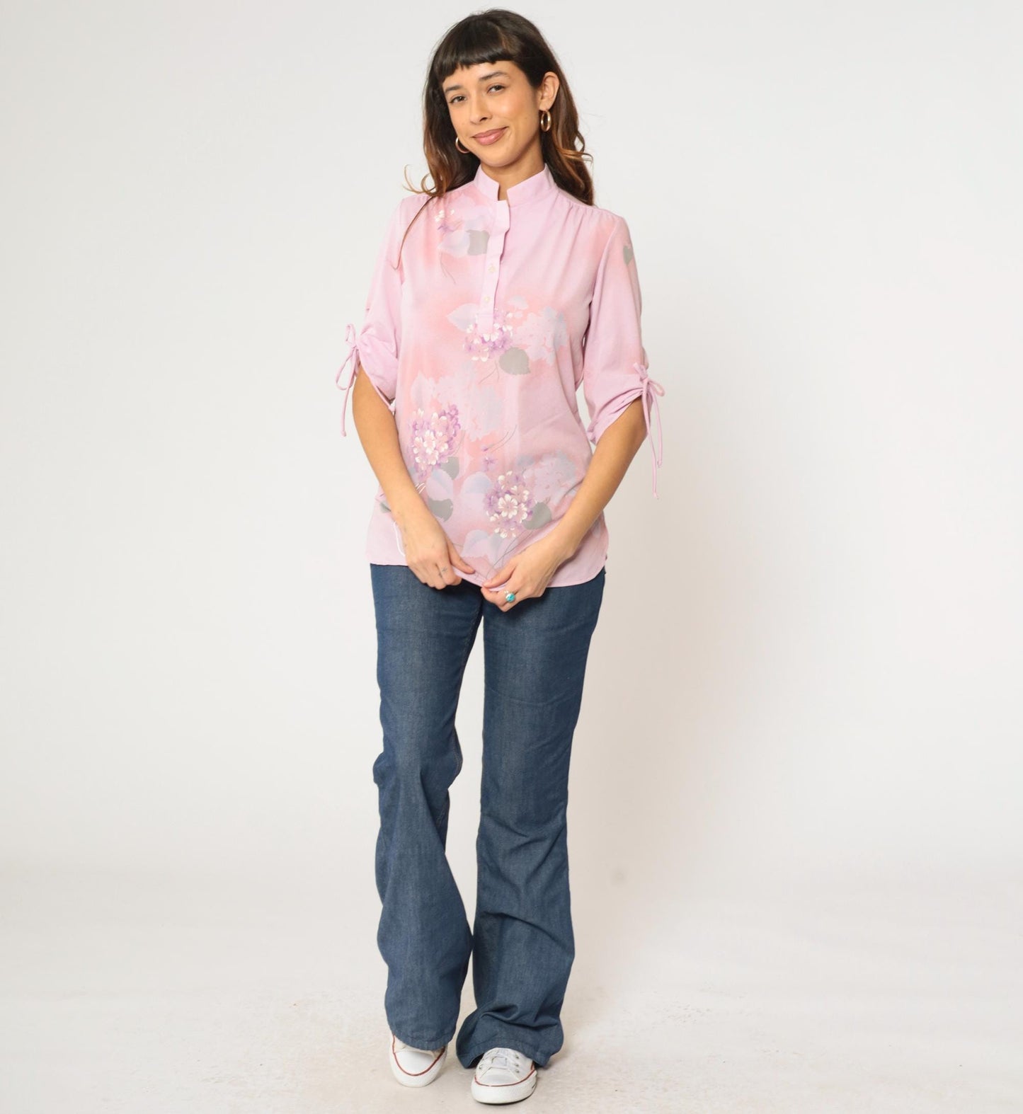 70s Lavender Pink Floral Mandarin Collar Blouse Tunic Small S