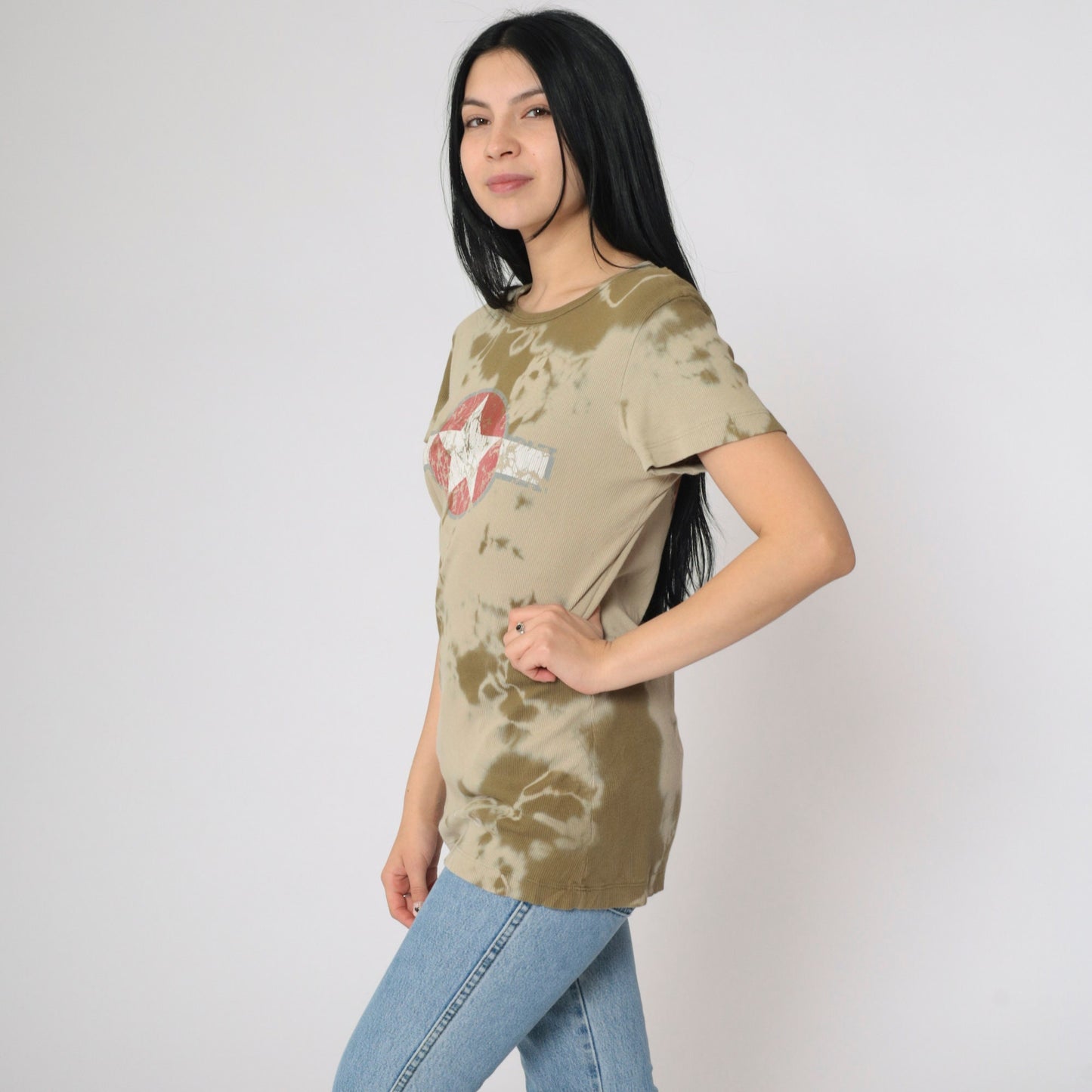 Y2K Sledge USA Star Emblem Tie-Dye Graphic Tee Olive Khaki Large L