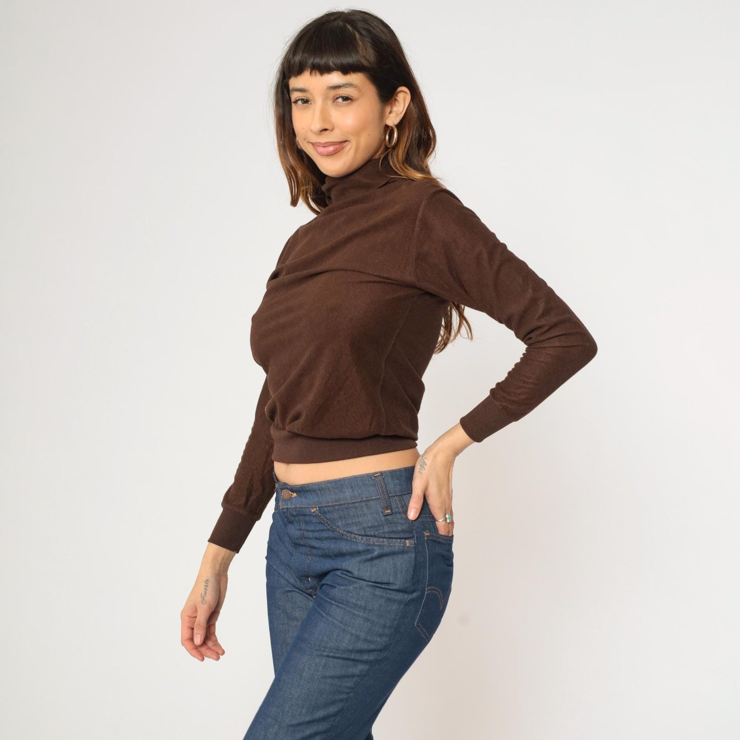 70s Brown Turtleneck Crop Top Long Sleeve Knit Shirt Extra Small XS