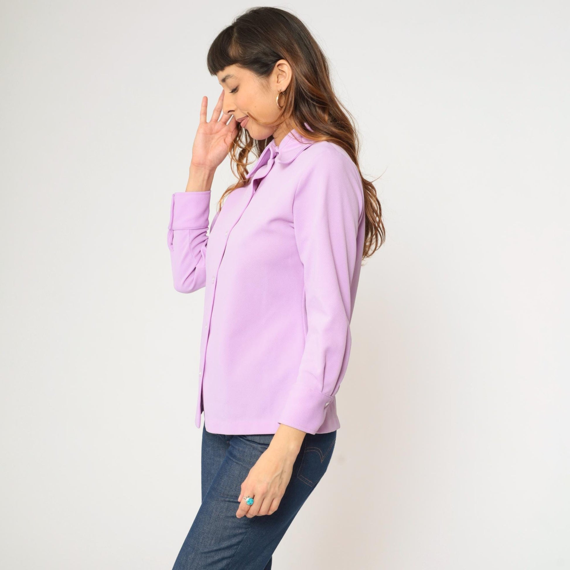 70s Lavender Button Up Blouse Dagger Collar Long Sleeve Shirt Medium