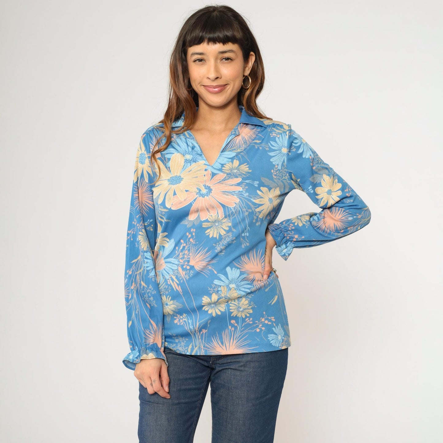 70s Floral Shirt Blue Flower Print V-Neck Pointed Collar Long Sleeve Medium