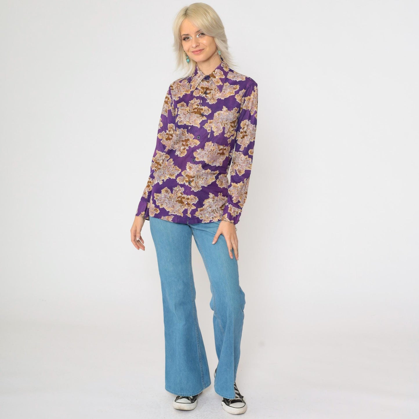 70s Purple Pastoral Lute Player Dagger Collar Shirt Long Sleeve Extra Small