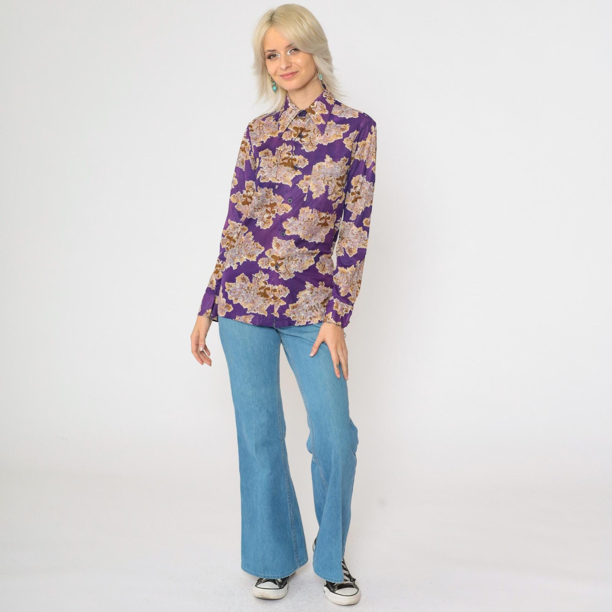 70s Purple Pastoral Lute Player Dagger Collar Shirt Long Sleeve Extra Small