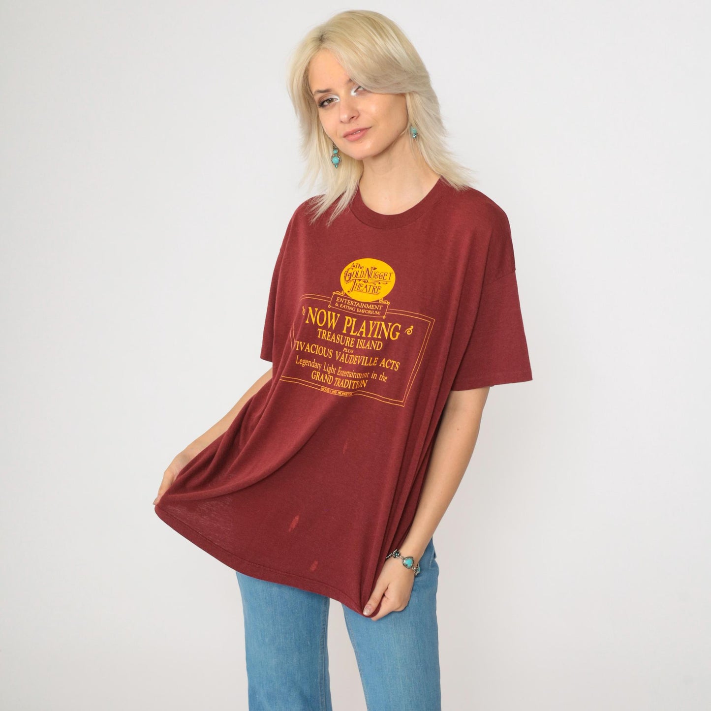80s Gold Nugget Theatre Maroon Graphic T-Shirt Treasure Island Vaudeville Large