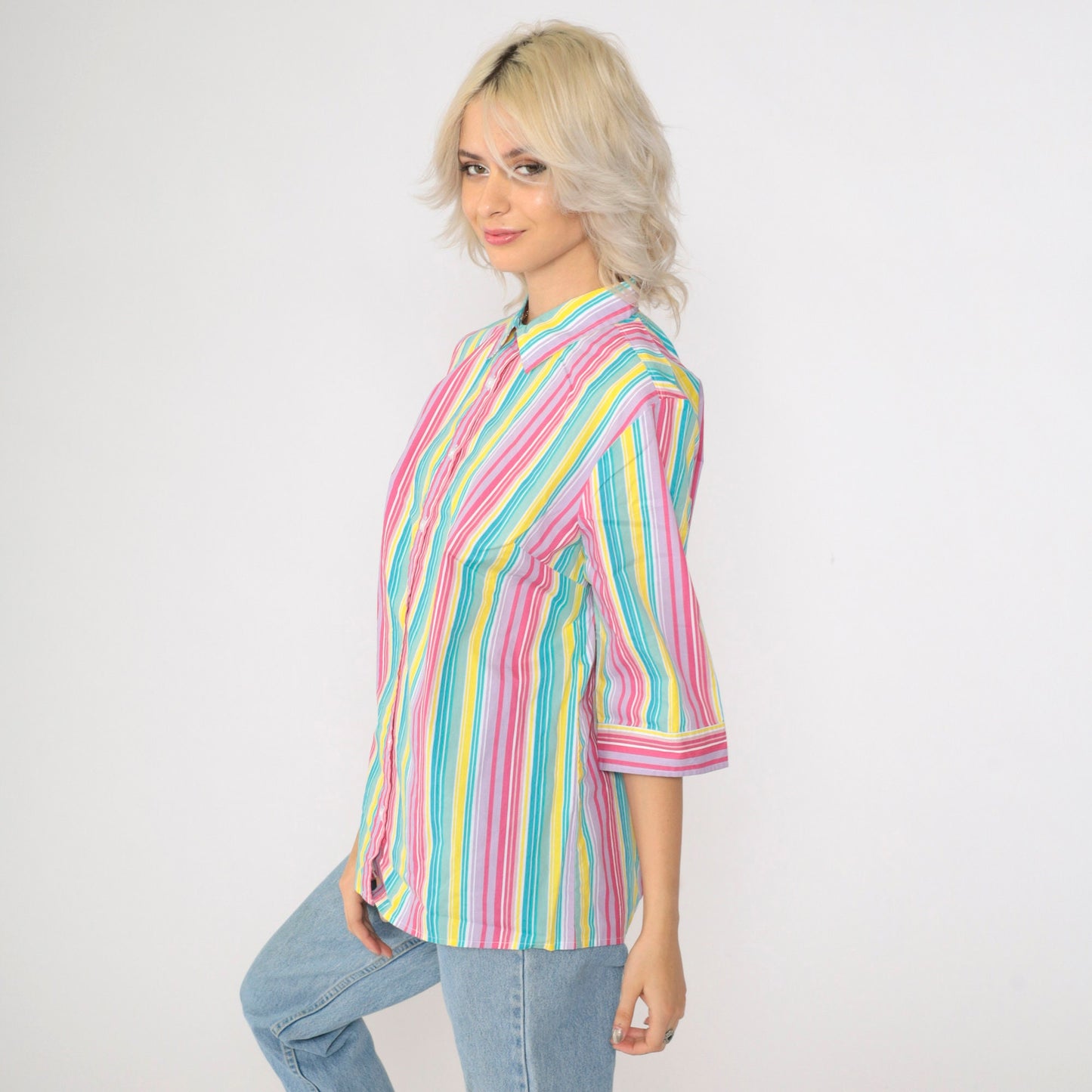 00s Striped Button Up Blouse Multicolor Rainbow Y2K Shirt Medium