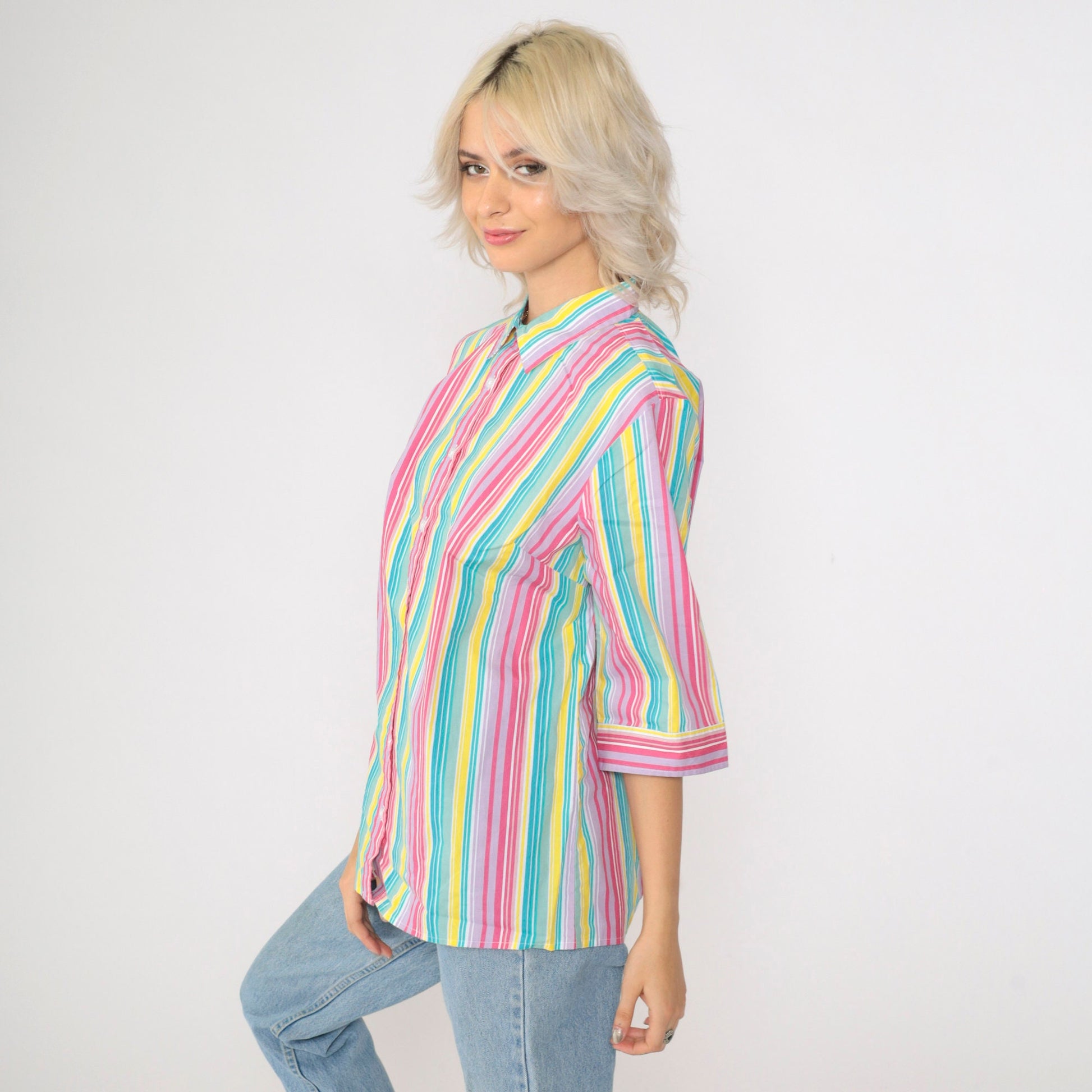 00s Striped Button Up Blouse Multicolor Rainbow Y2K Shirt Medium