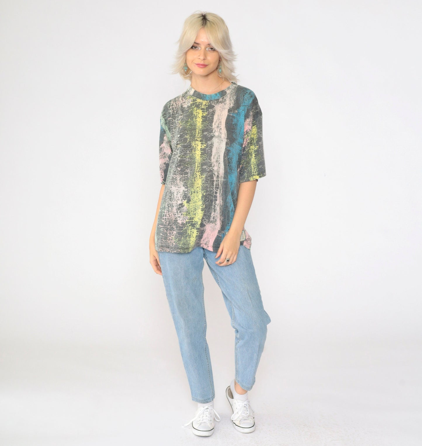 90s Lightning Bolt Abstract Crackle Stripe T-Shirt Pastel Crew Neck Medium