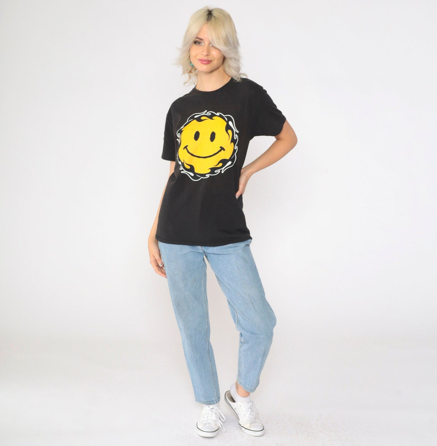 00s Smiley Face Flame Graphic T-Shirt Black Cotton Crew Neck Medium
