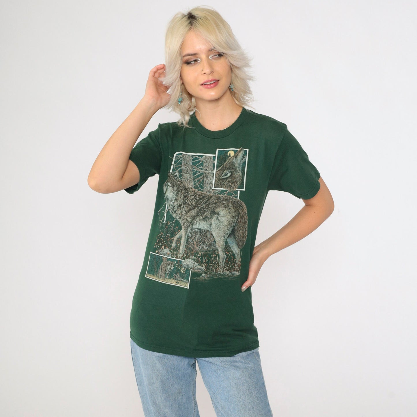 90s Wolf Graphic T-Shirt Green Cotton Crewneck Small S