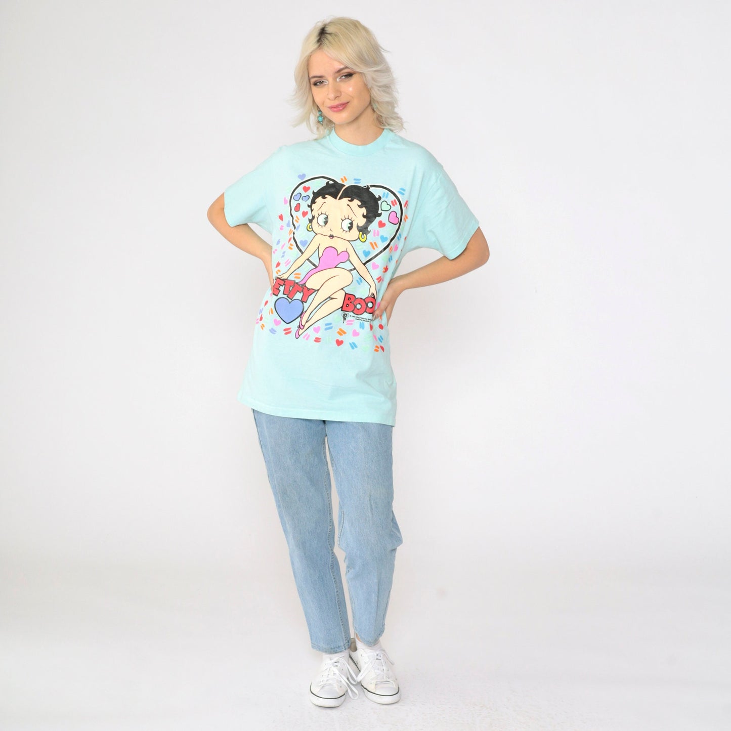 90s Betty Boop Heart Graphic T-Shirt Aqua Single Stitch Medium
