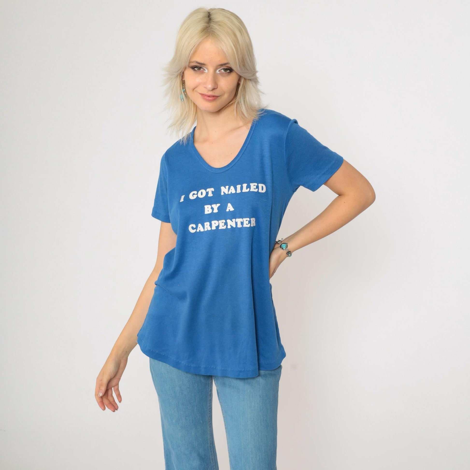 80s Maternity Graphic T-Shirt I Got Nailed By A Carpenter Blue Medium