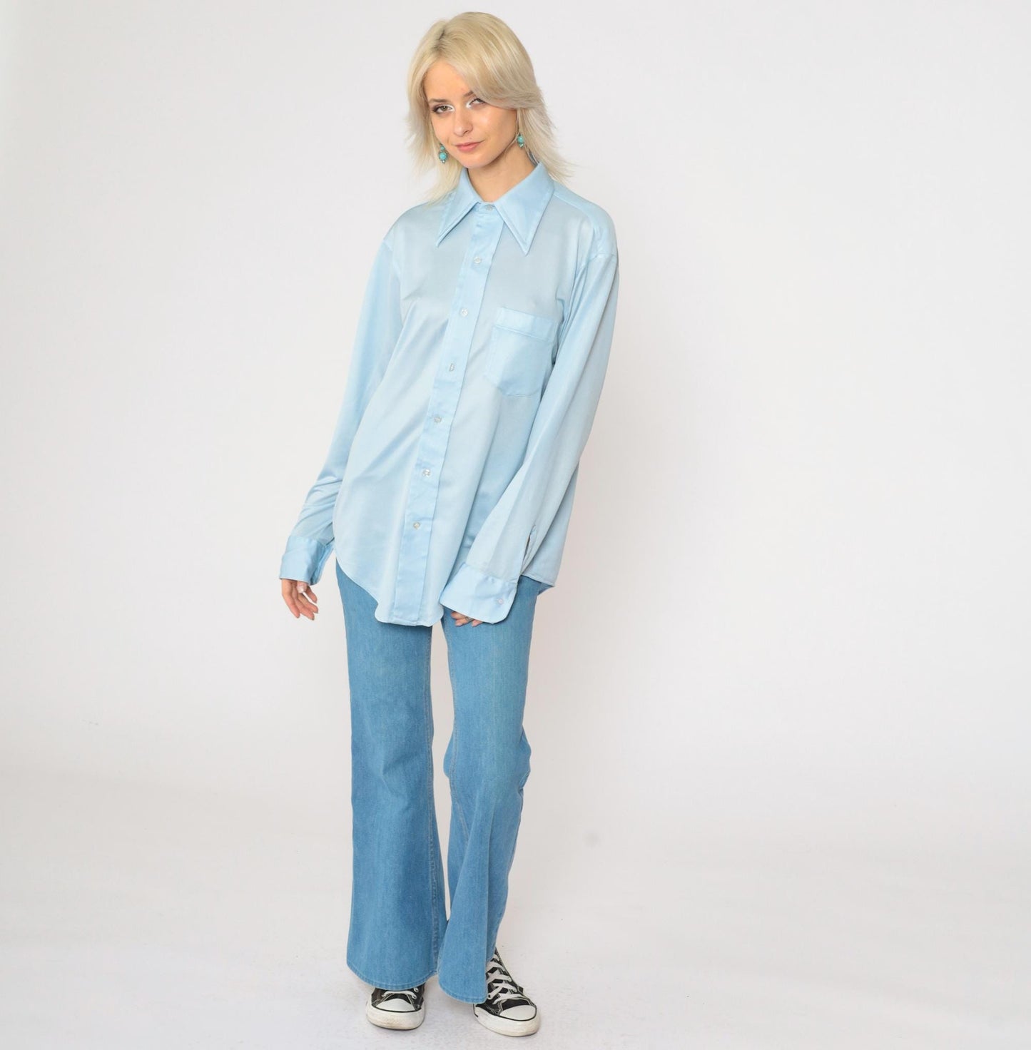 70s Baby Blue Dagger Collar Button-Up Shirt Disco Oxford Long Sleeve Medium