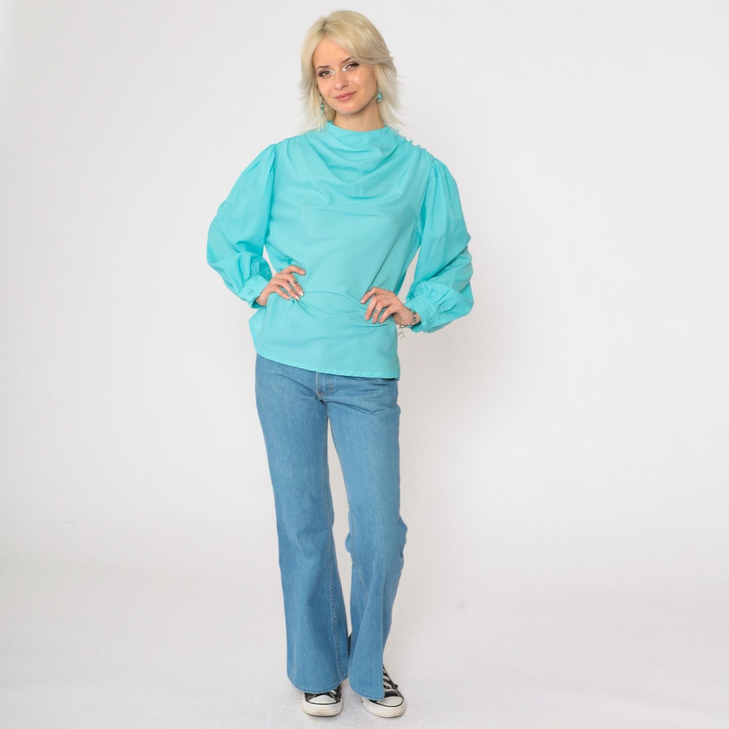 70s Diane Von Furstenberg Cowl Neck Blouse Aqua Blue Long Sleeve Medium
