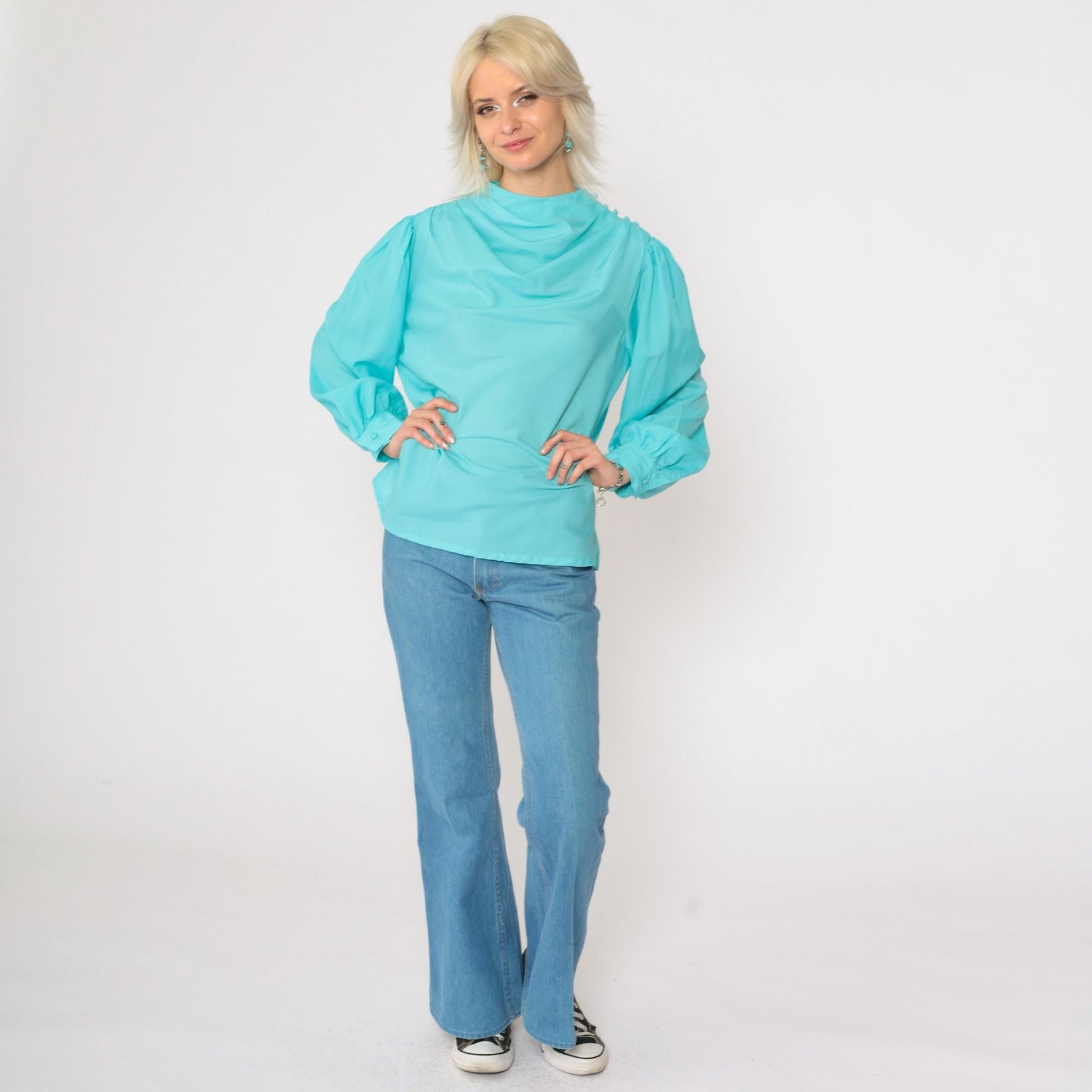 70s Diane Von Furstenberg Cowl Neck Blouse Aqua Blue Long Sleeve Medium