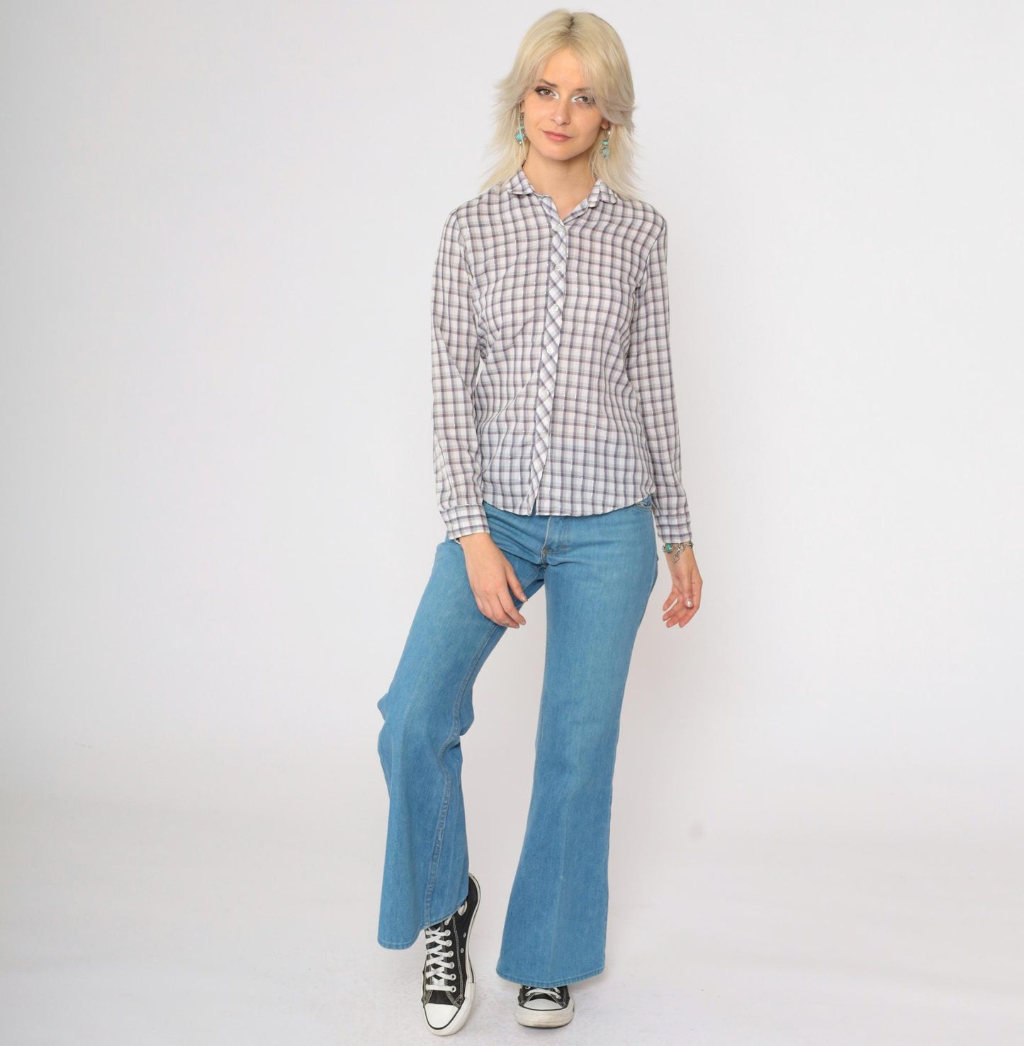 80s Metallic Plaid Button-Up Blouse Long Sleeve Shirt Extra Small XS