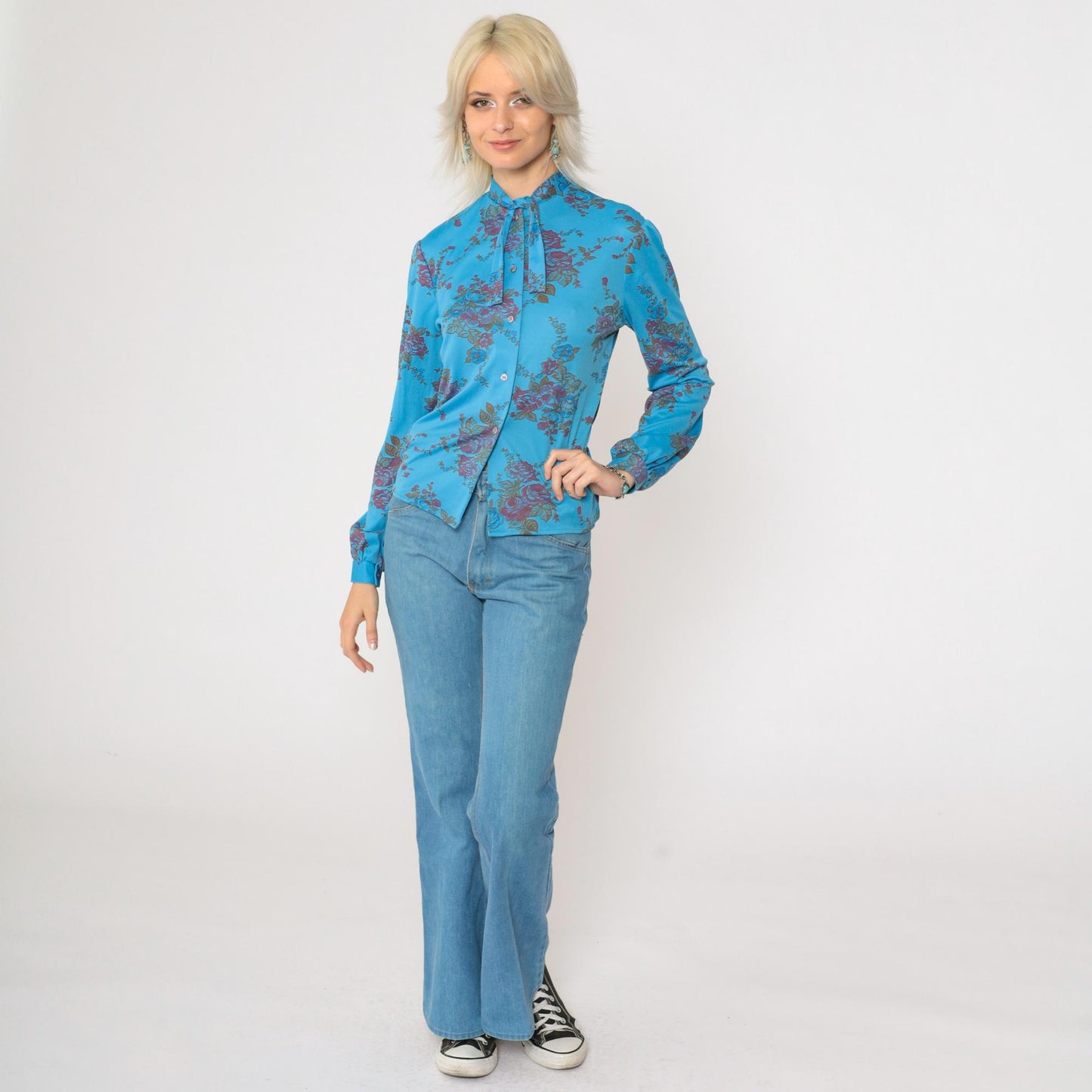 70s Blue Floral Ascot Blouse Button-Up Long Sleeve Shirt Small