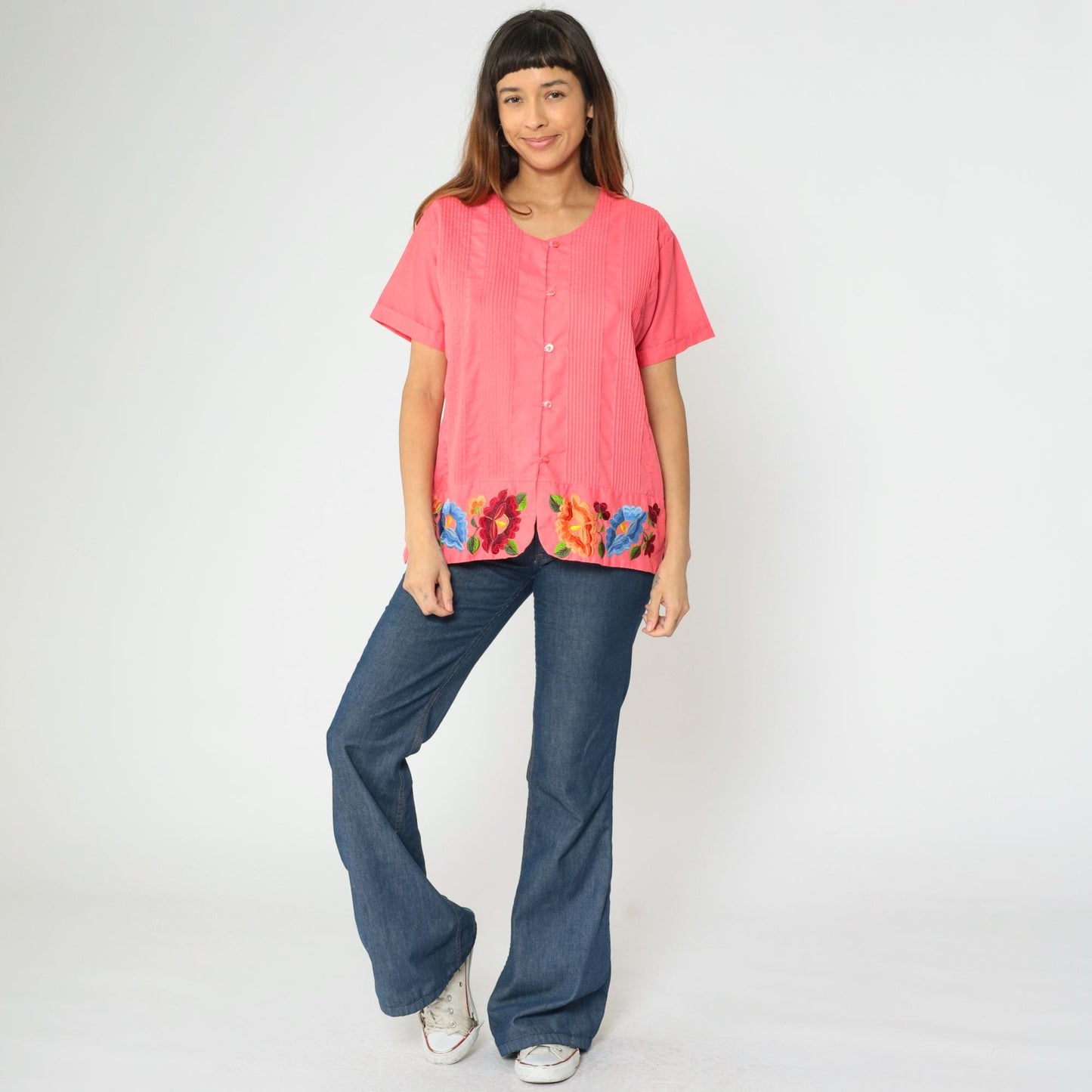90s Pink Floral Embroidered Button-Up Blouse Pintuck Short Sleeve Medium