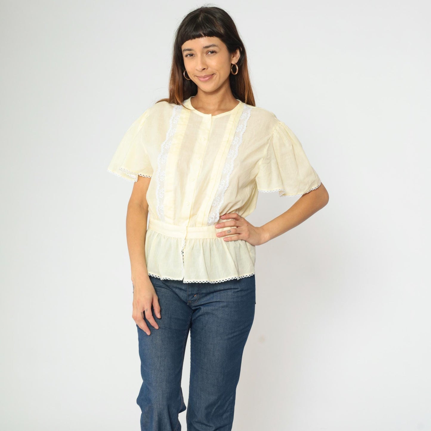 80s Pastel Yellow Puff Sleeve Blouse Lace Trim Peplum Button Up Medium