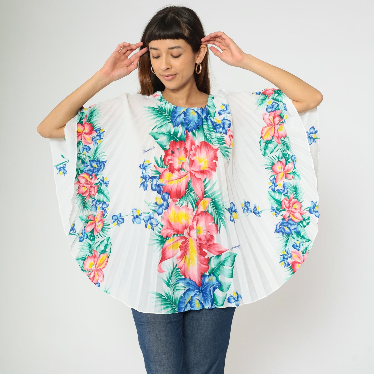 70s Royal Creations Hawaiian Caftan Top Floral Pleated Kimono One Size