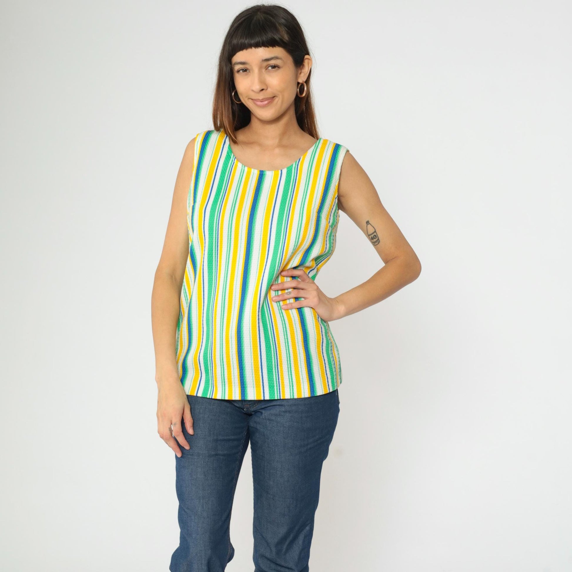 70s Striped Tank Top Scoop Neck Sleeveless Blouse Yellow Green Blue Small