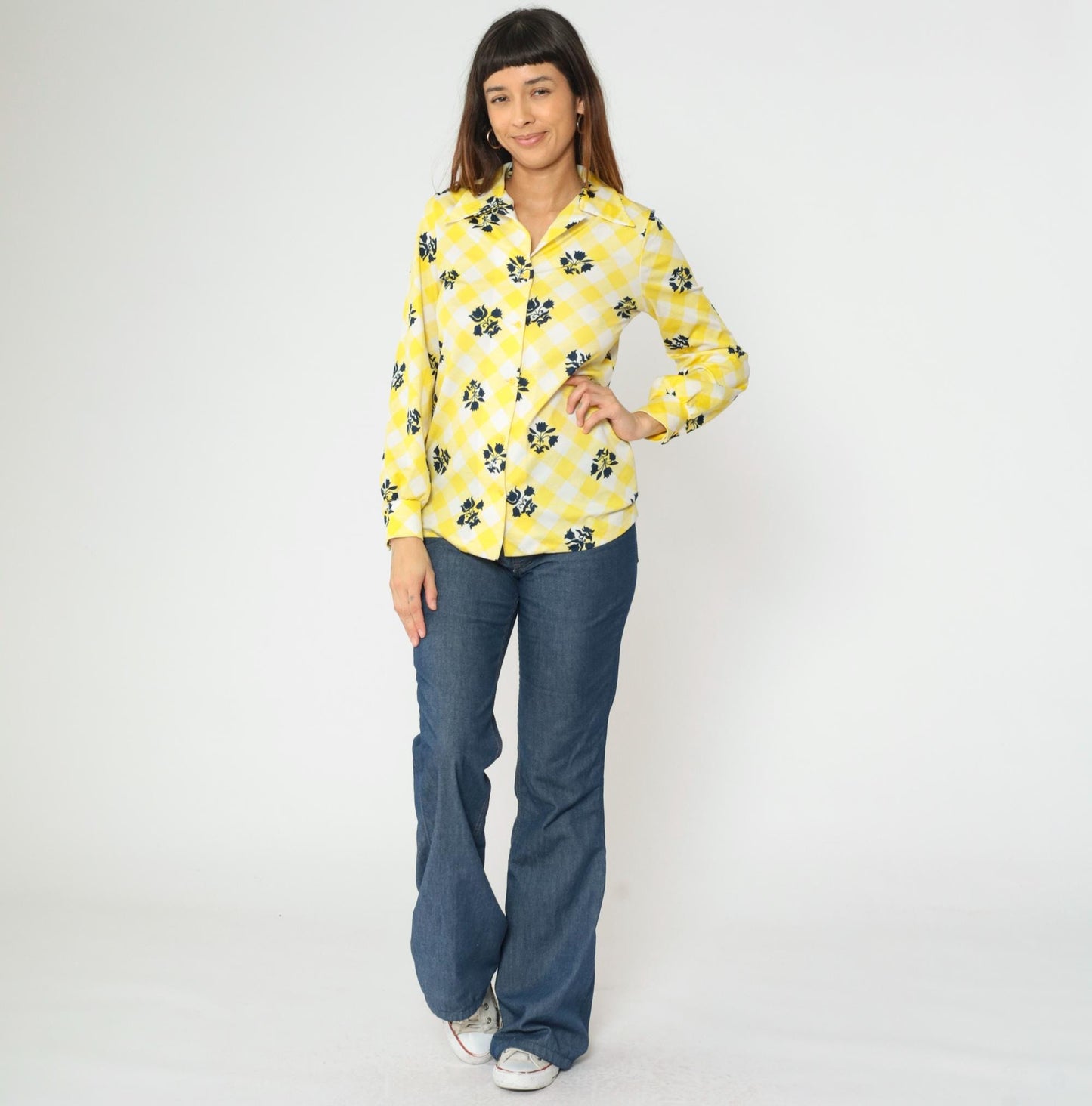 70s Checkered Floral Yellow Button-Up Blouse Long Sleeve Collared Shirt Small