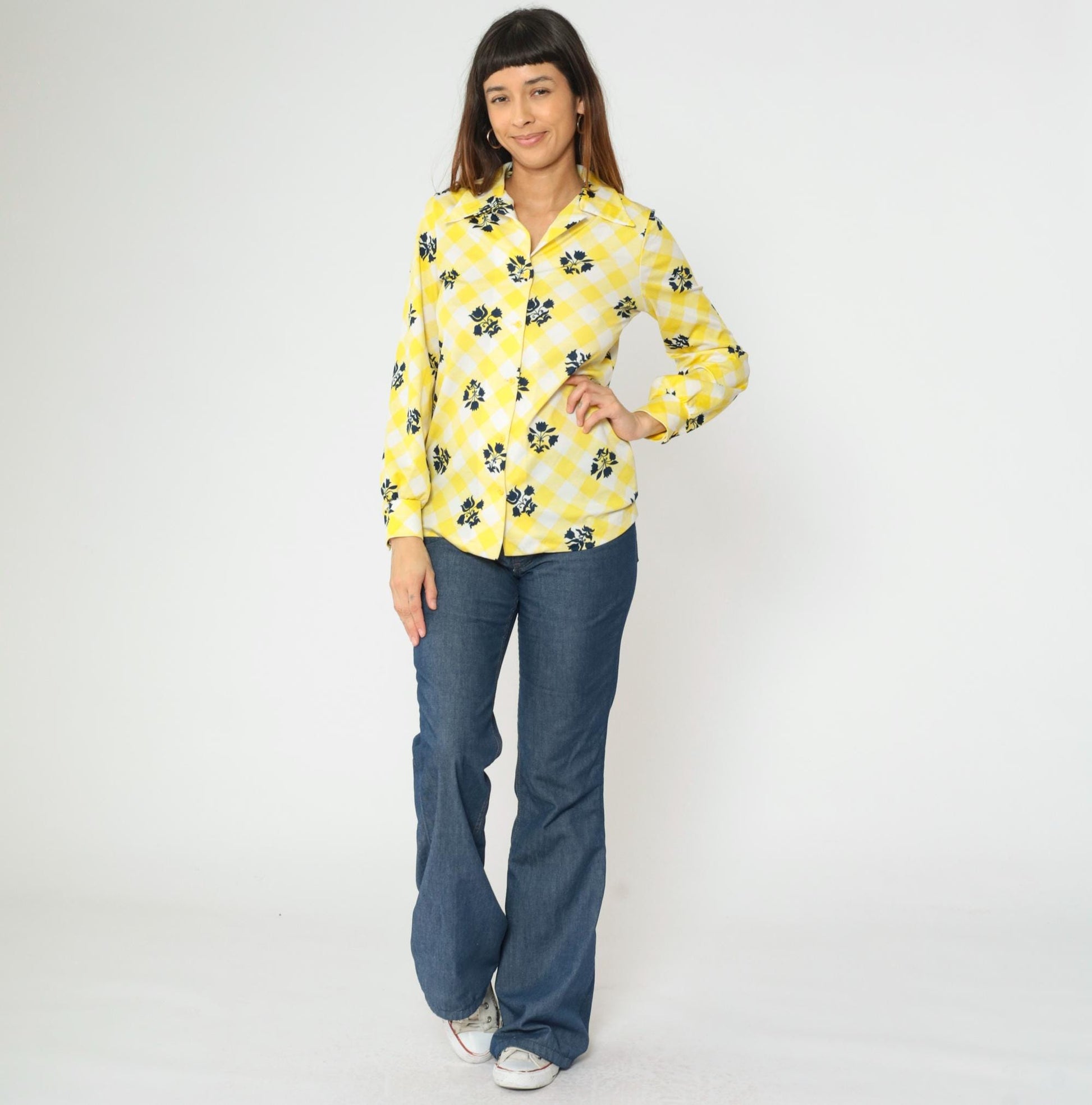 70s Checkered Floral Yellow Button-Up Blouse Long Sleeve Collared Shirt Small