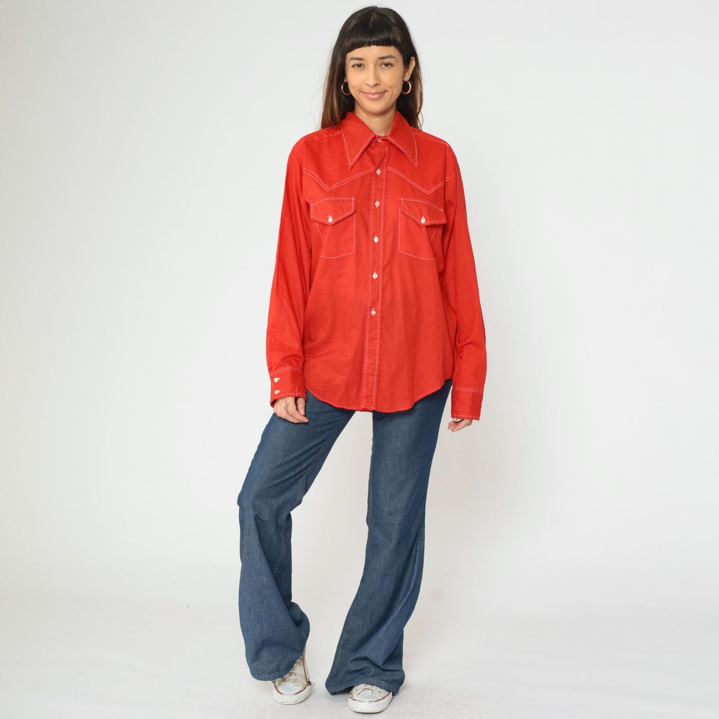 70s Van Cort Western Shirt Red Dagger Collar Topstitch Button Up Large