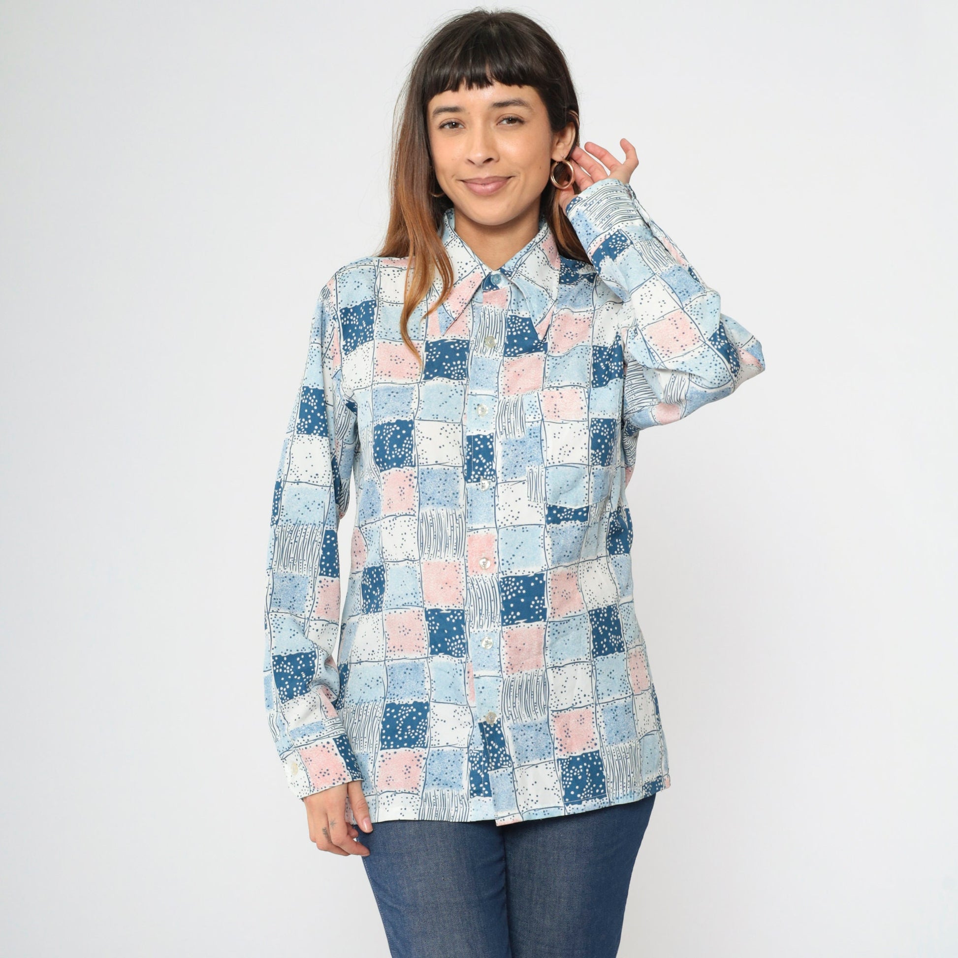 70s Checkered Button-Up Shirt Pink Blue Dagger Collar Long Sleeve Men's Medium