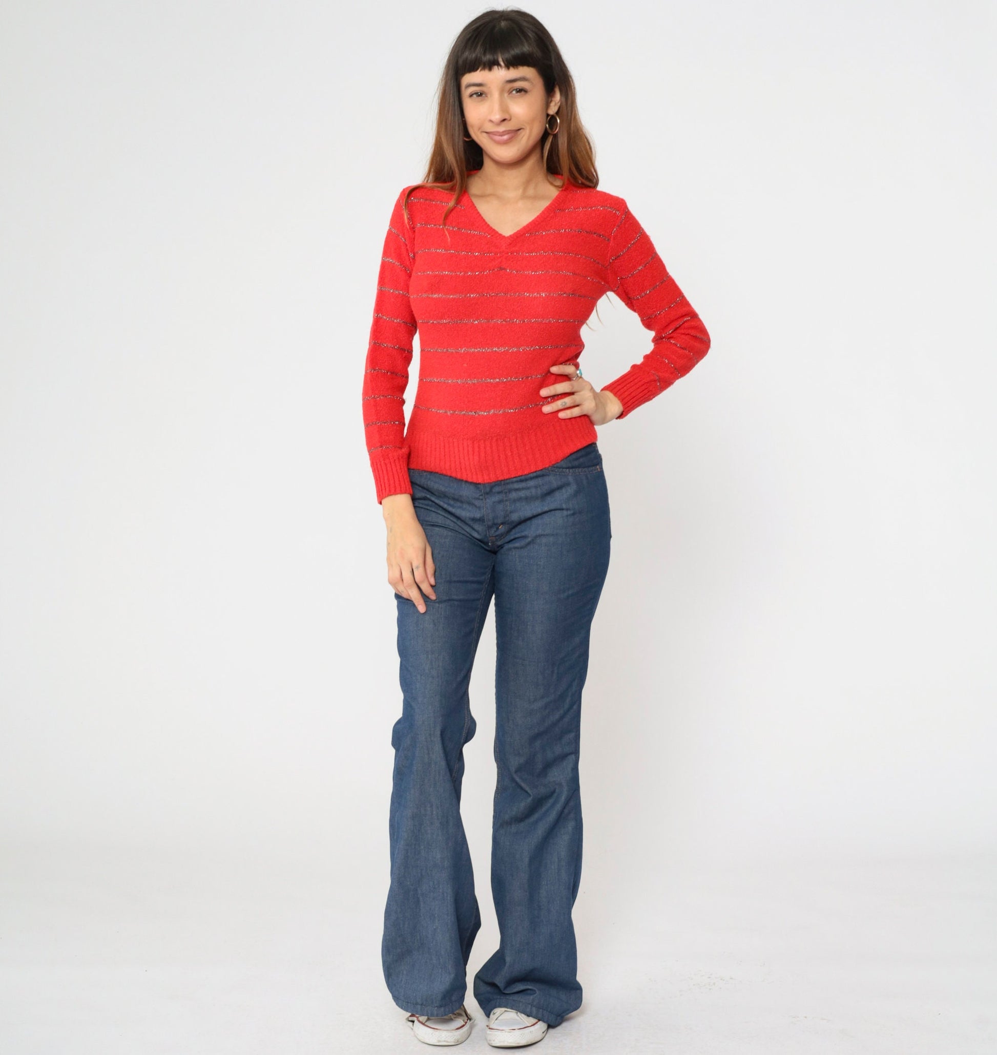 70s Metallic Striped Sweater Red Silver V-Neck Pullover Knit Small