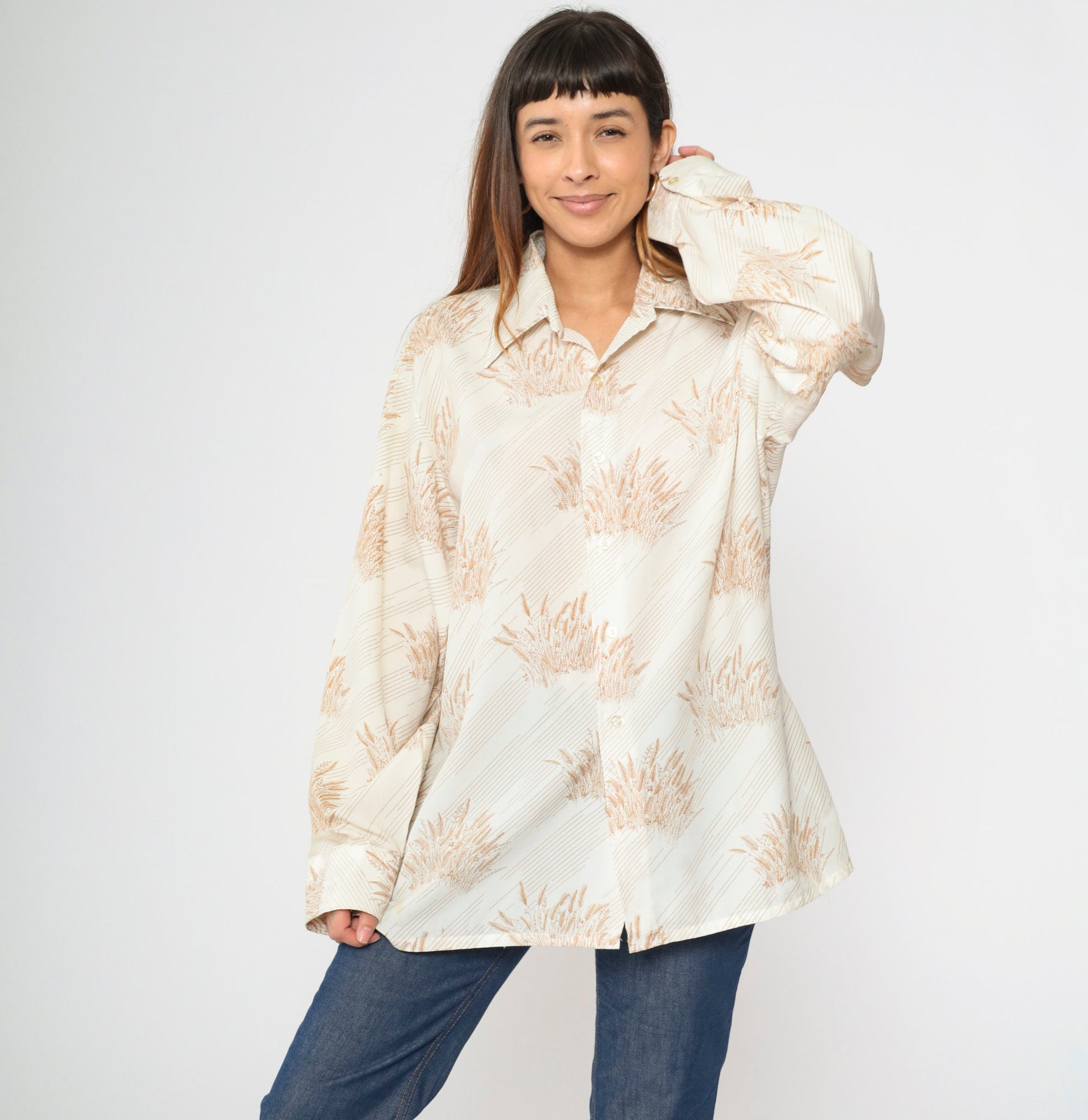 70s Farah Wheat Print Dagger Collar Button-Up Shirt White Men's XXL