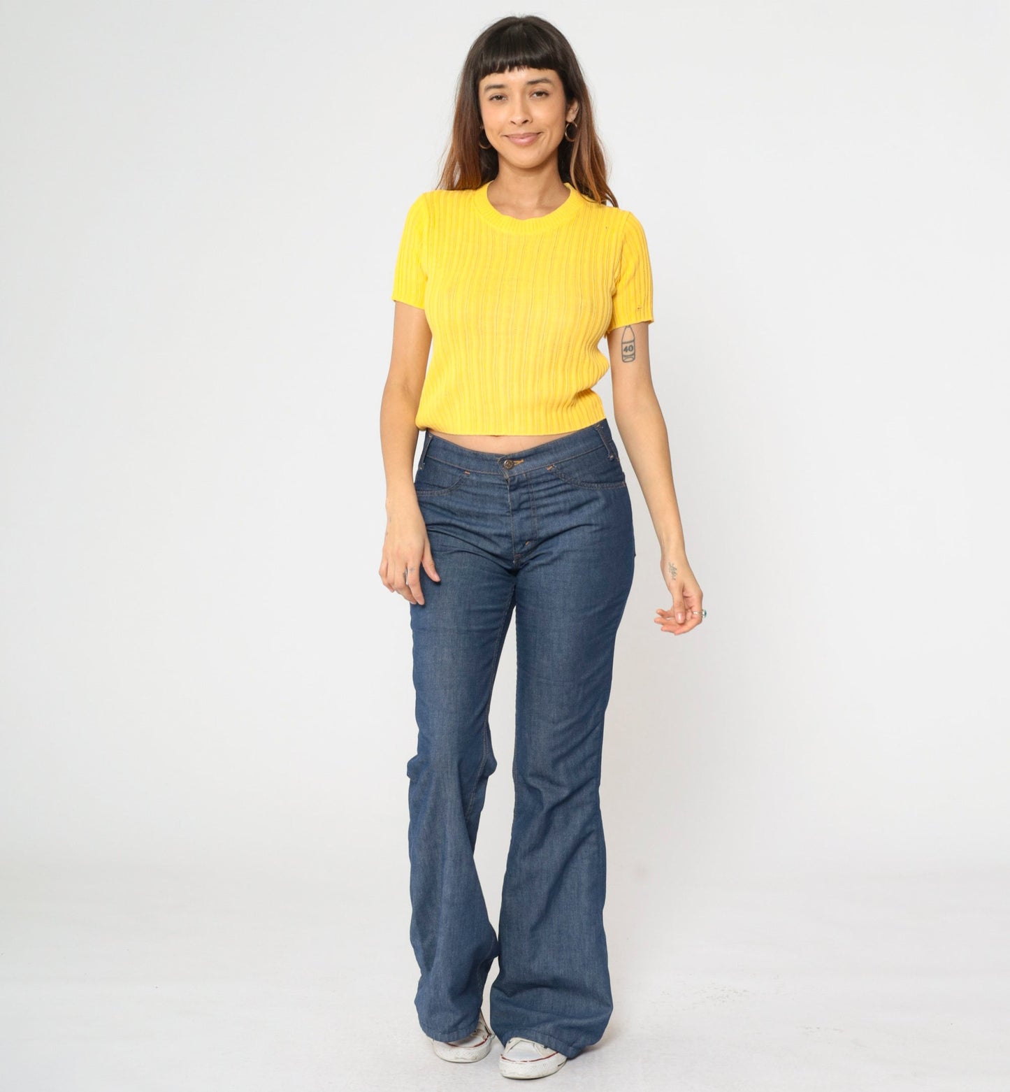 90s Yellow Cropped Ribbed Knit Sweater Short Sleeve Small S