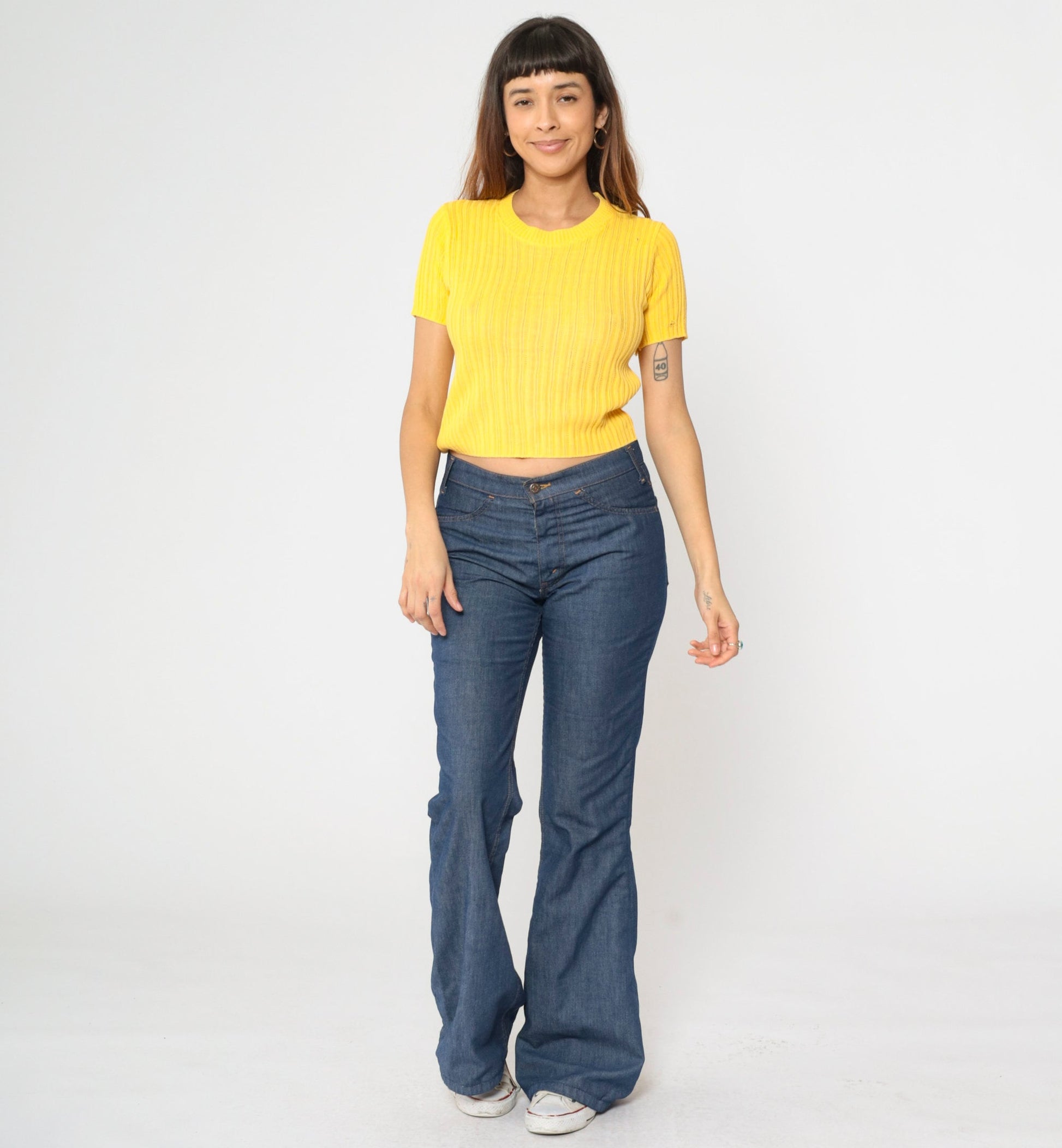 90s Yellow Cropped Ribbed Knit Sweater Short Sleeve Small S
