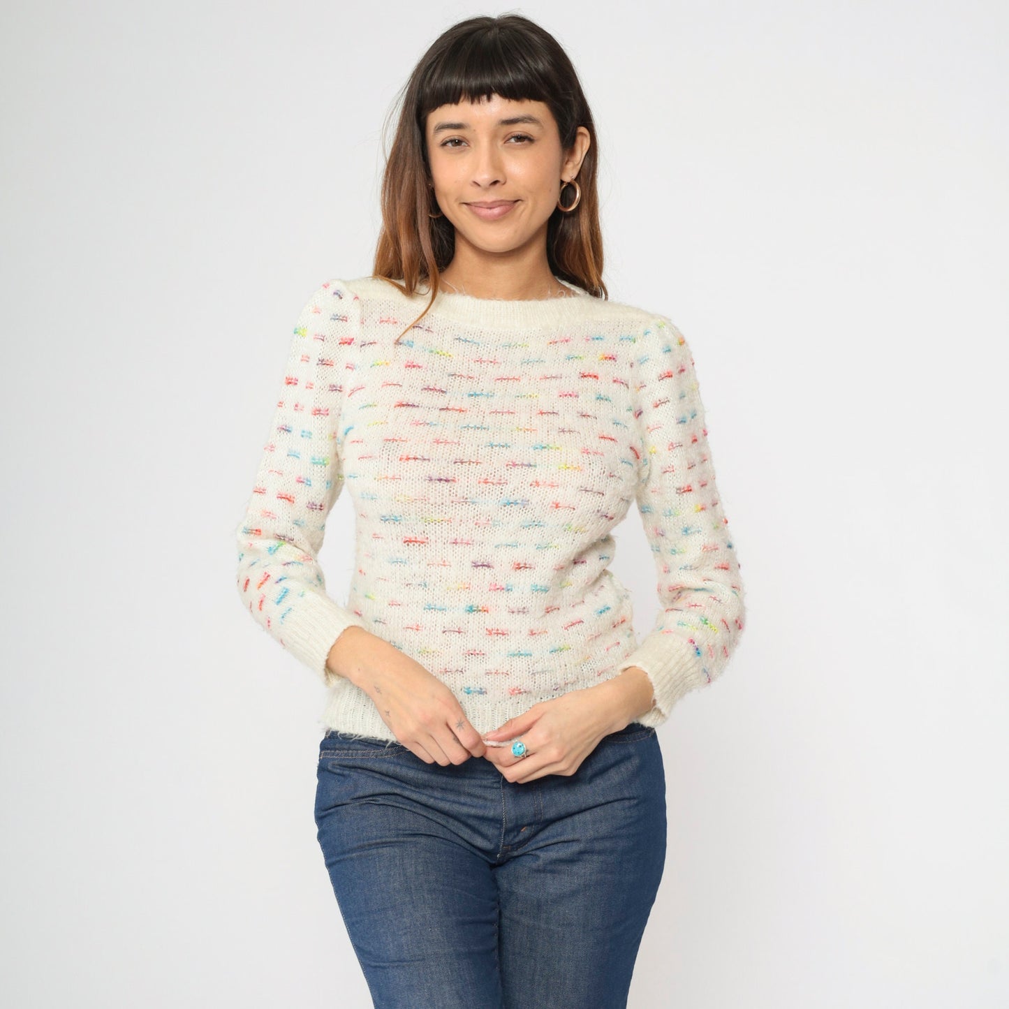 80s White Rainbow Striped Puff Sleeve Knit Sweater Boatneck Pullover XS