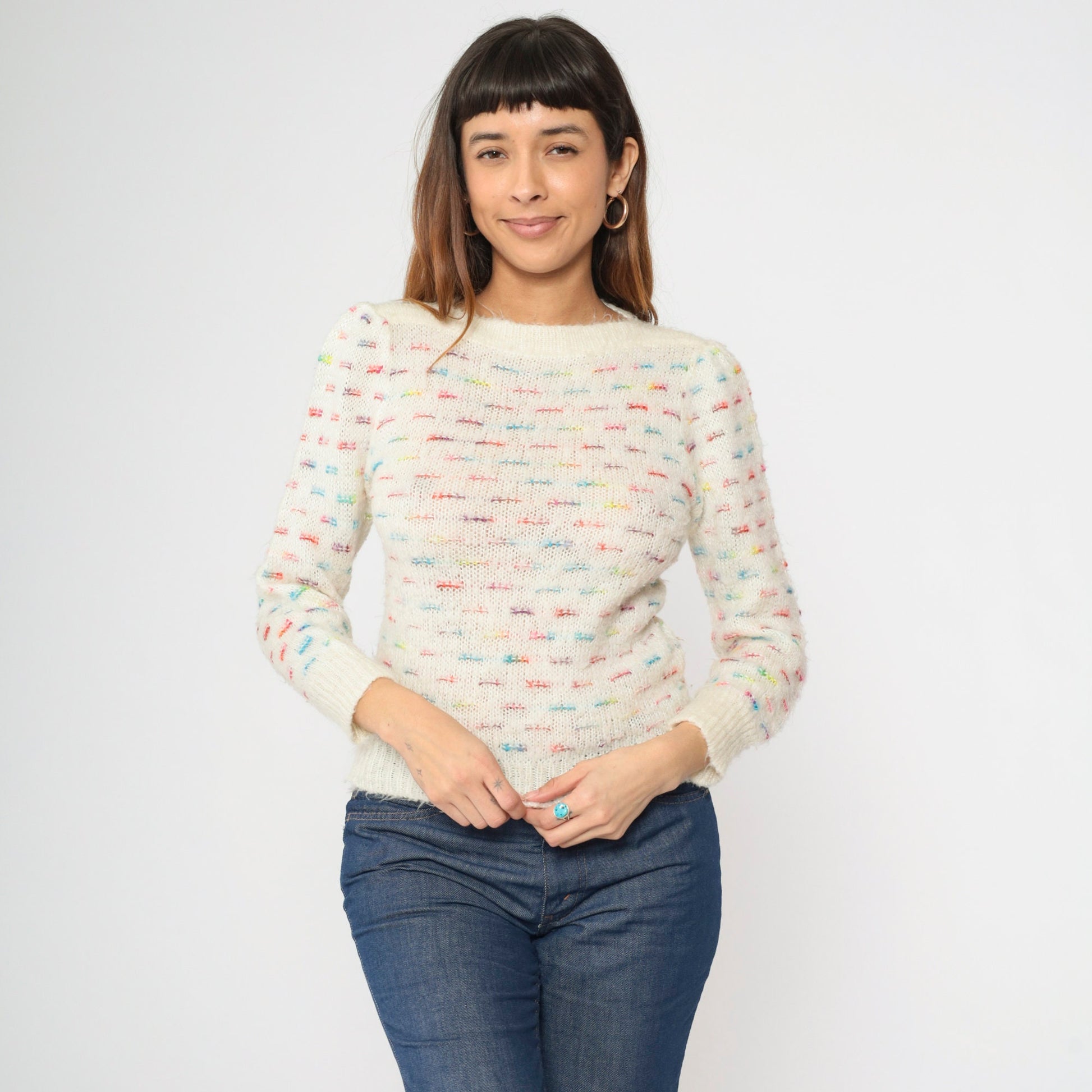 80s White Rainbow Striped Puff Sleeve Knit Sweater Boatneck Pullover XS