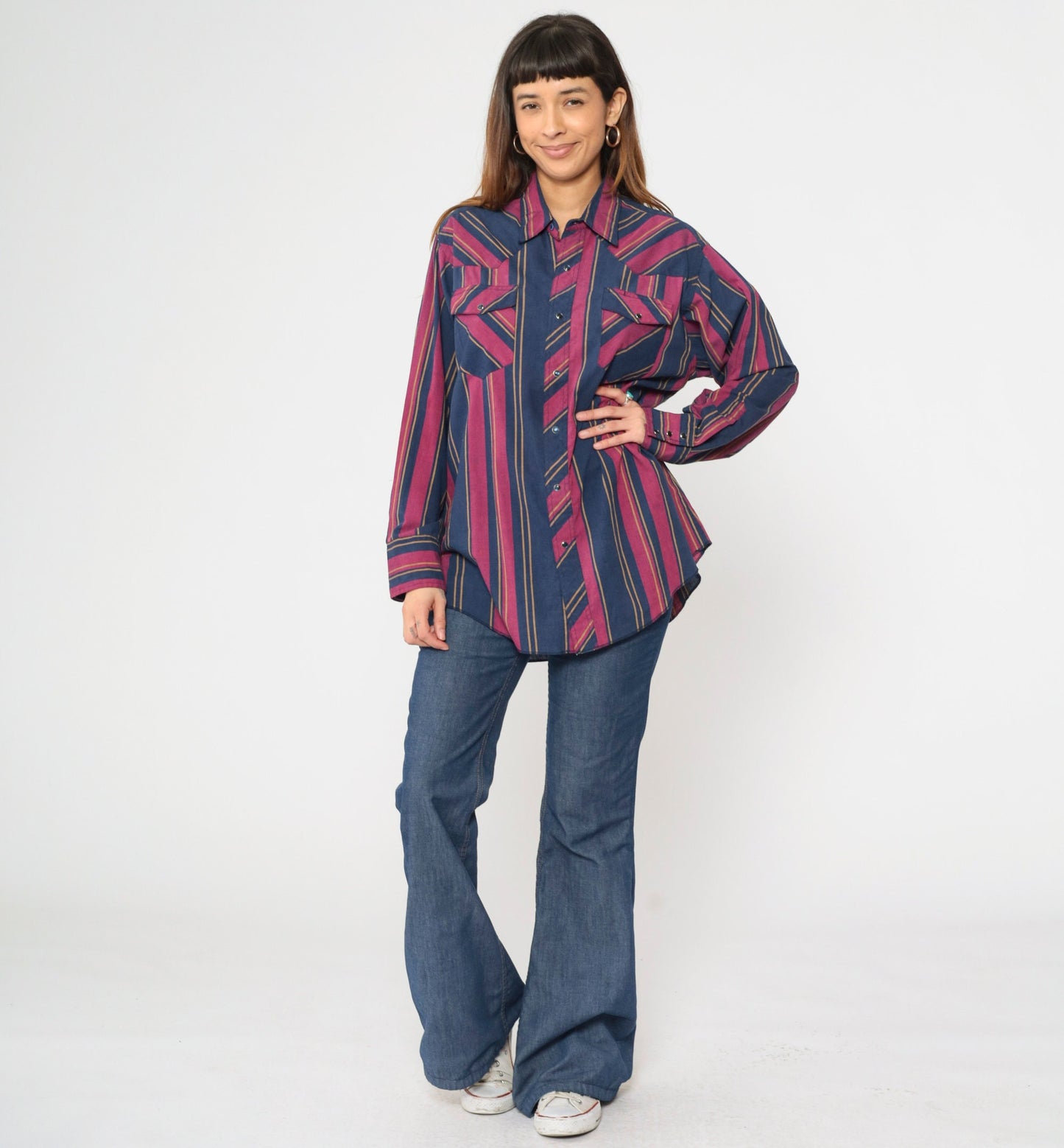 80s Rustler Western Shirt Pearl Snap Blue Fuchsia Striped X-Long Tails Extra Large