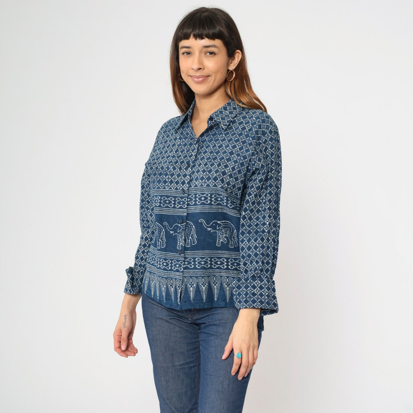 Y2K Blue Batik Elephant Print Button-Up Blouse Long Sleeve Medium